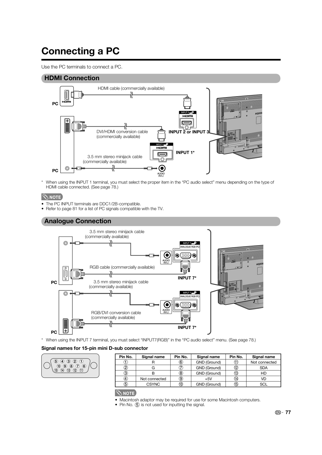 Sharp LC-46LB700X Connecting a PC, Hdmi Connection, Analogue Connection, Use the PC terminals to connect a PC 