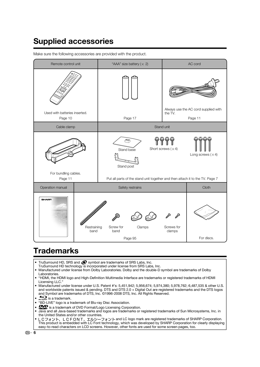 Sharp LC-46LB700X operation manual Supplied accessories, Trademarks 