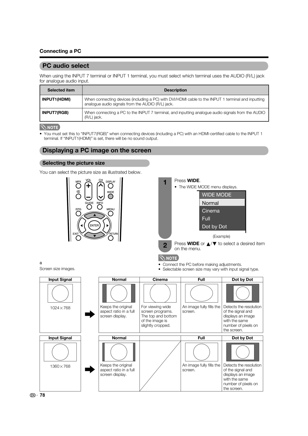 Sharp LC-46LB700X operation manual PC audio select, Displaying a PC image on the screen, Selecting the picture size 