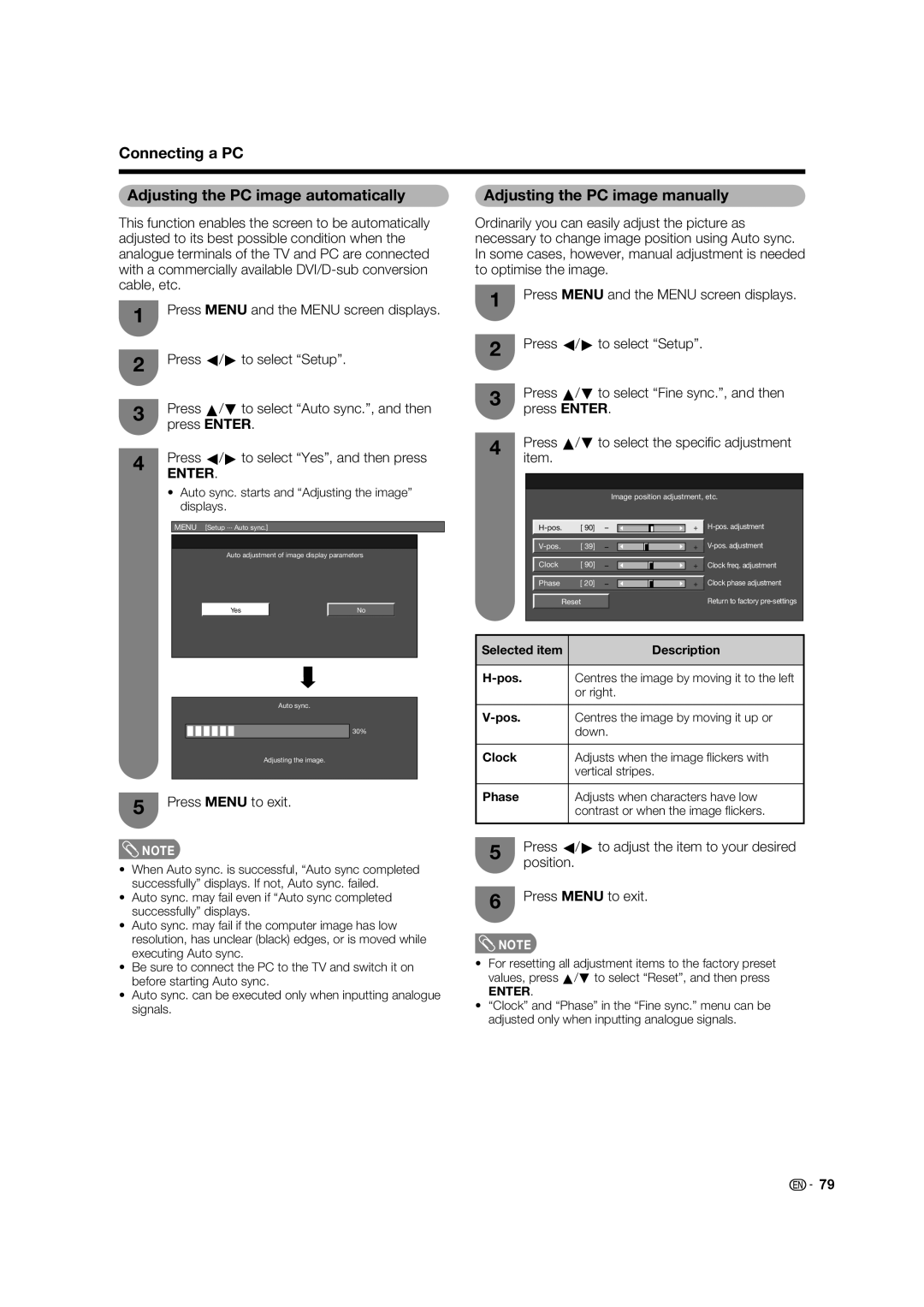 Sharp LC-46LB700X Connecting a PC Adjusting the PC image automatically, Adjusting the PC image manually, Clock, Phase 