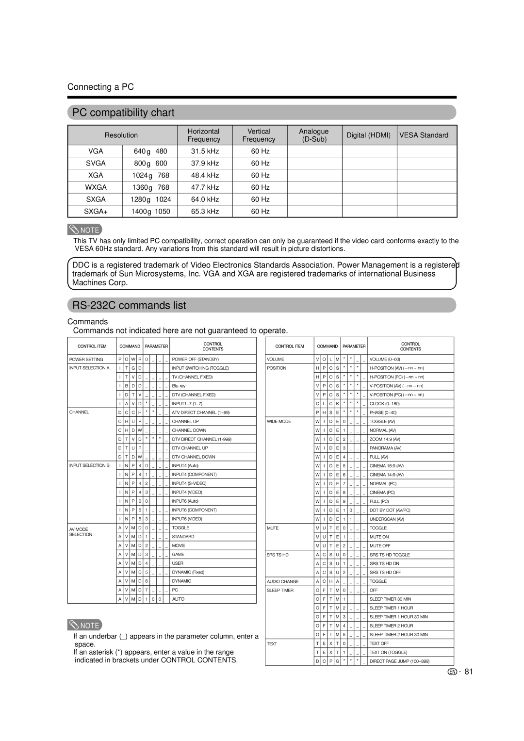 Sharp LC-46LB700X operation manual PC compatibility chart, RS-232C commands list, Commands 