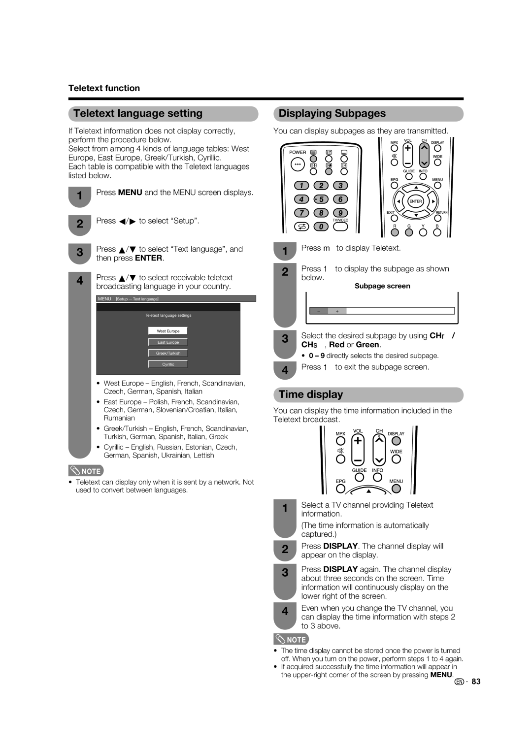 Sharp LC-46LB700X operation manual Teletext language setting, Displaying Subpages, Time display, Teletext function 