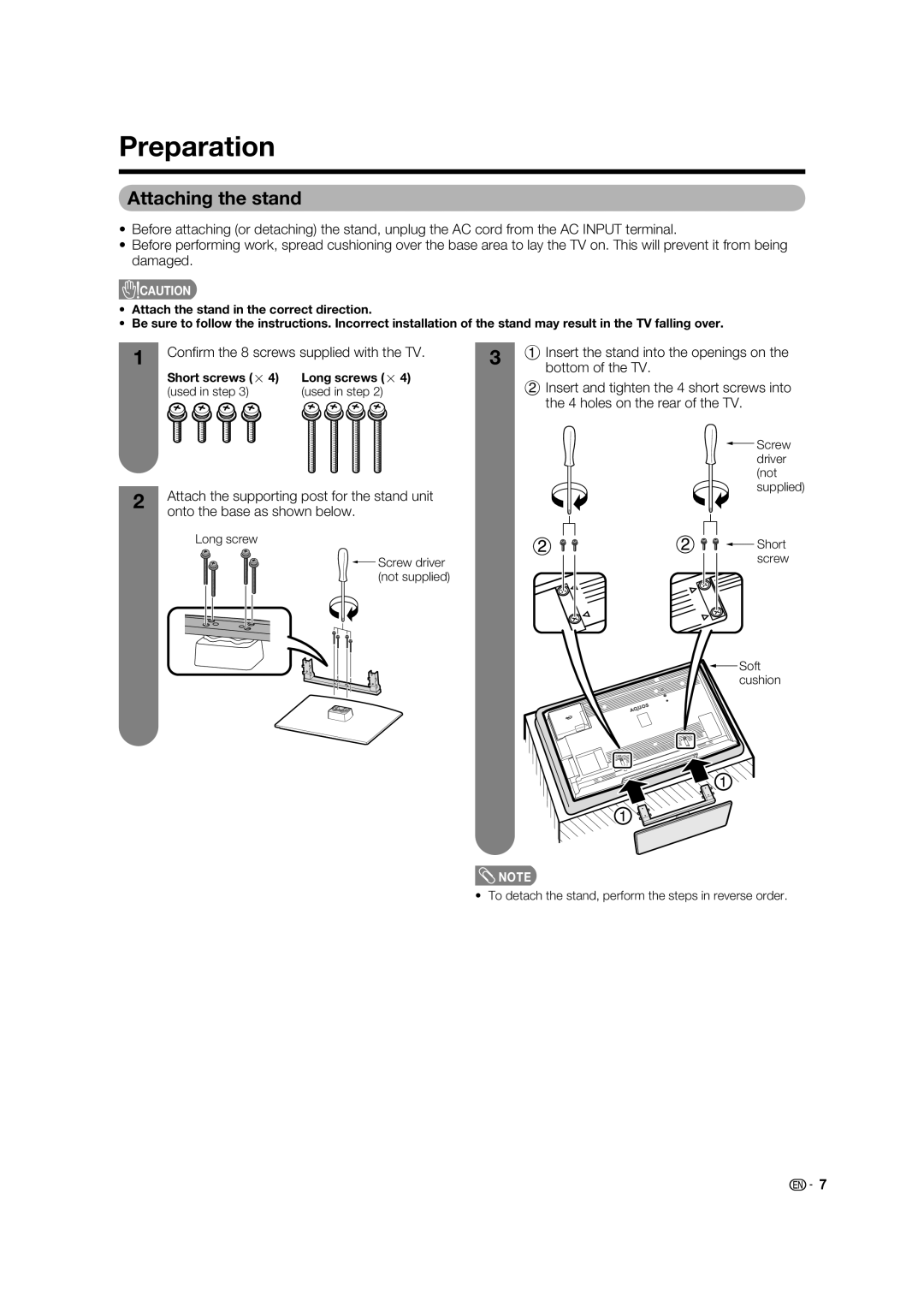 Sharp LC-46LB700X Preparation, Attaching the stand, Conﬁ rm the 8 screws supplied with the TV, Short screws g 