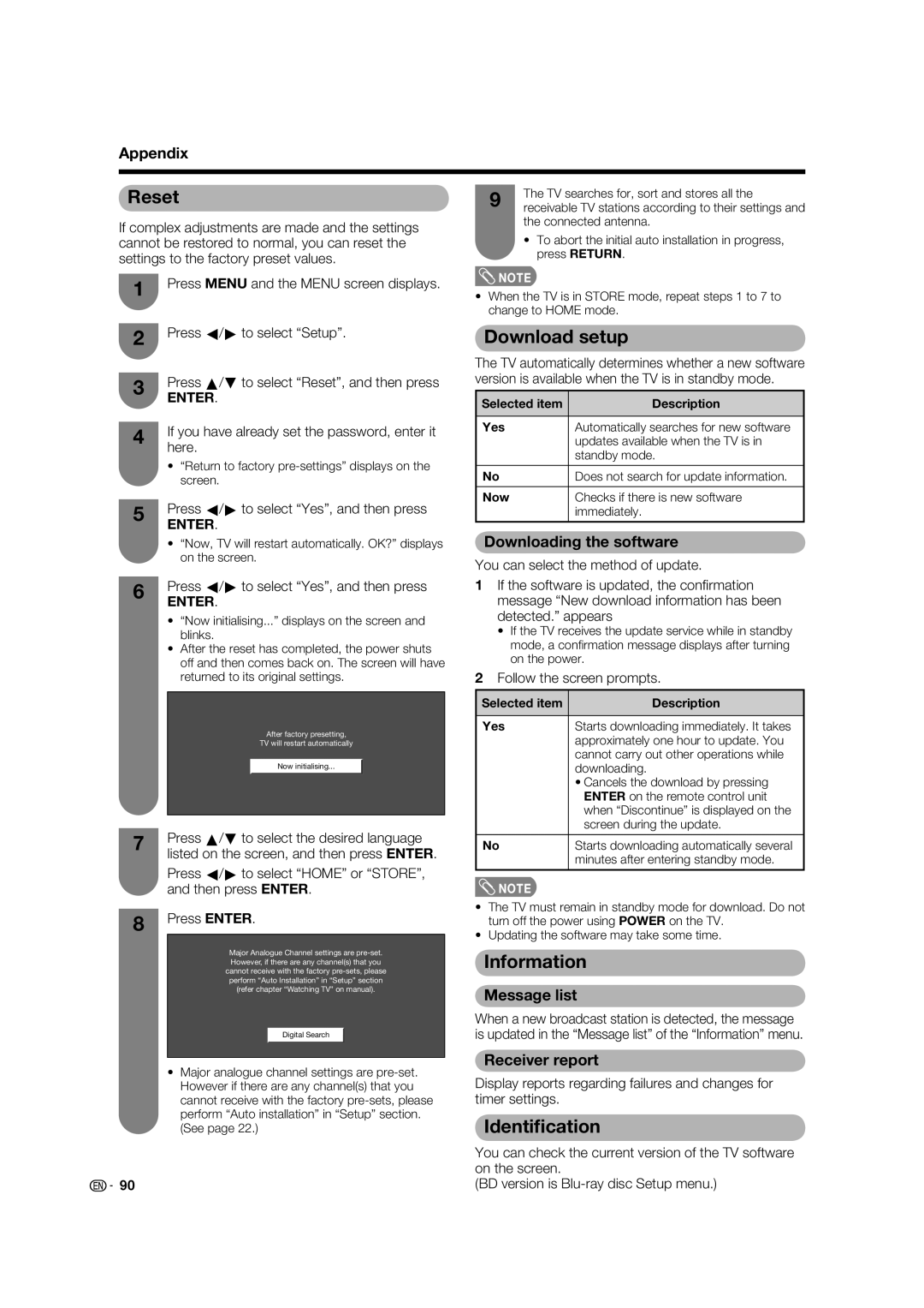 Sharp LC-46LB700X operation manual Reset, Download setup, Information, Identiﬁcation 