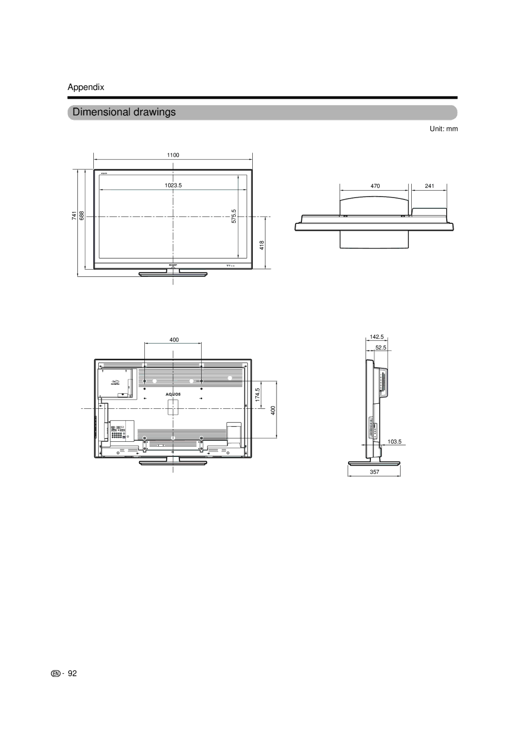 Sharp LC-46LB700X operation manual Dimensional drawings, Unit mm 