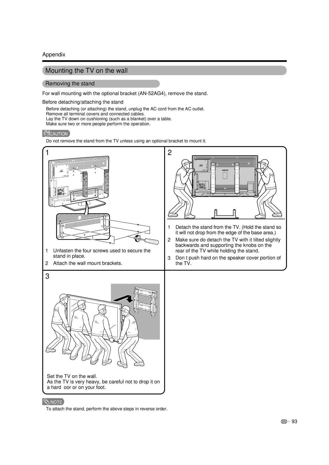 Sharp LC-46LB700X operation manual Mounting the TV on the wall, Removing the stand, Before detaching/attaching the stand 