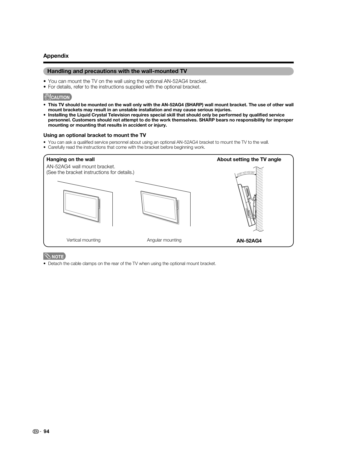 Sharp LC-46LB700X Appendix Handling and precautions with the wall-mounted TV, Using an optional bracket to mount the TV 