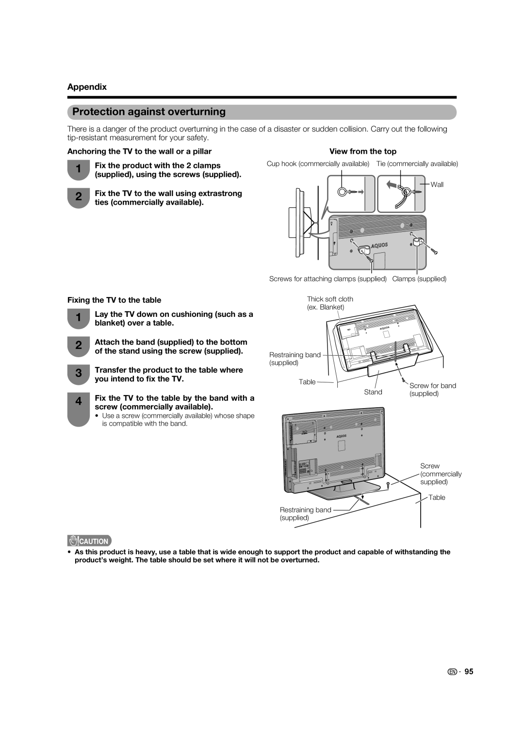 Sharp LC-46LB700X operation manual Protection against overturning, As this product is heavy, Product’s weight. The table 