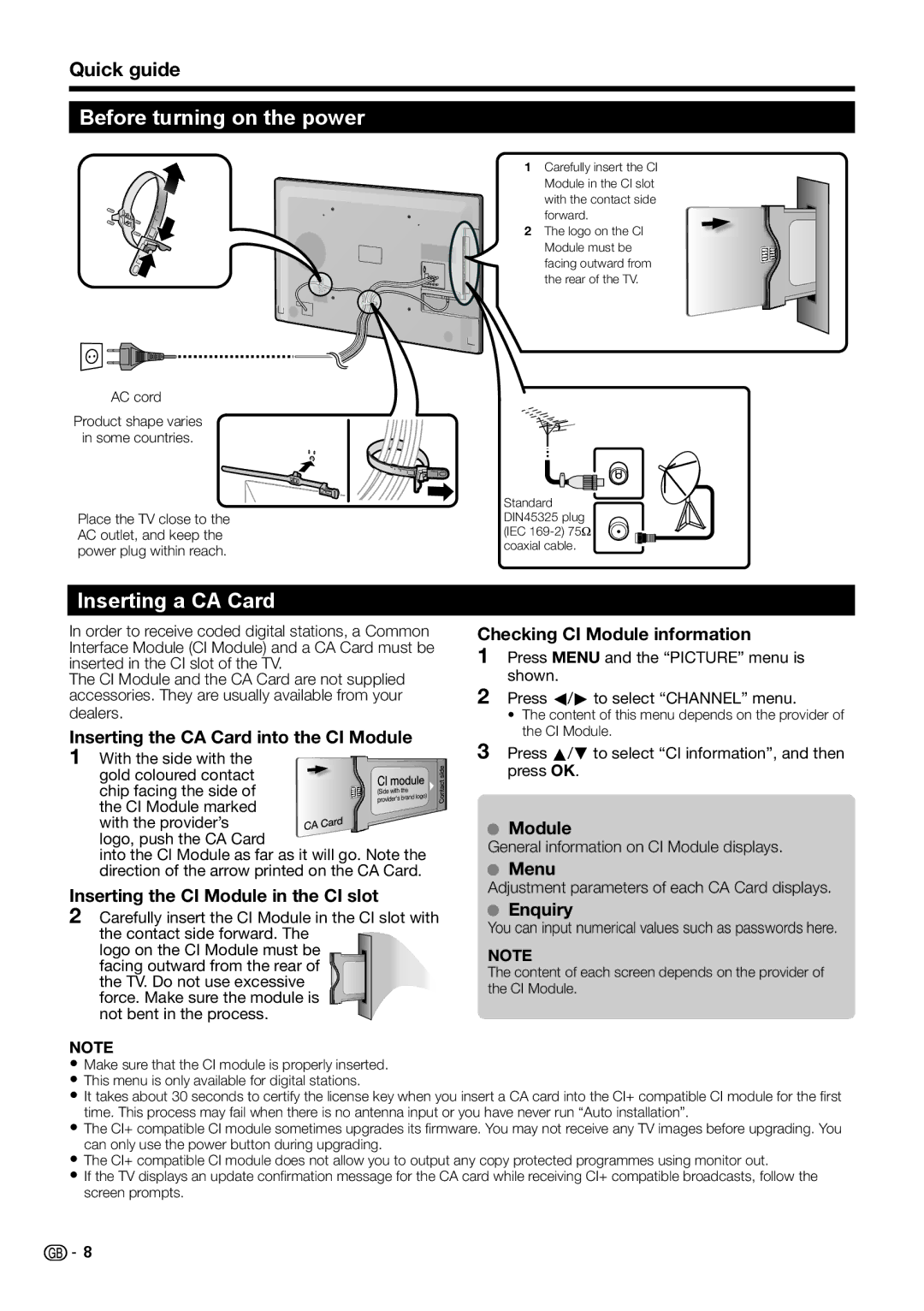 Sharp LC-40LE541E, LC-46LE540E, LC-46LE541E, LC-46LE542E Before turning on the power, Inserting a CA Card, Quick guide 