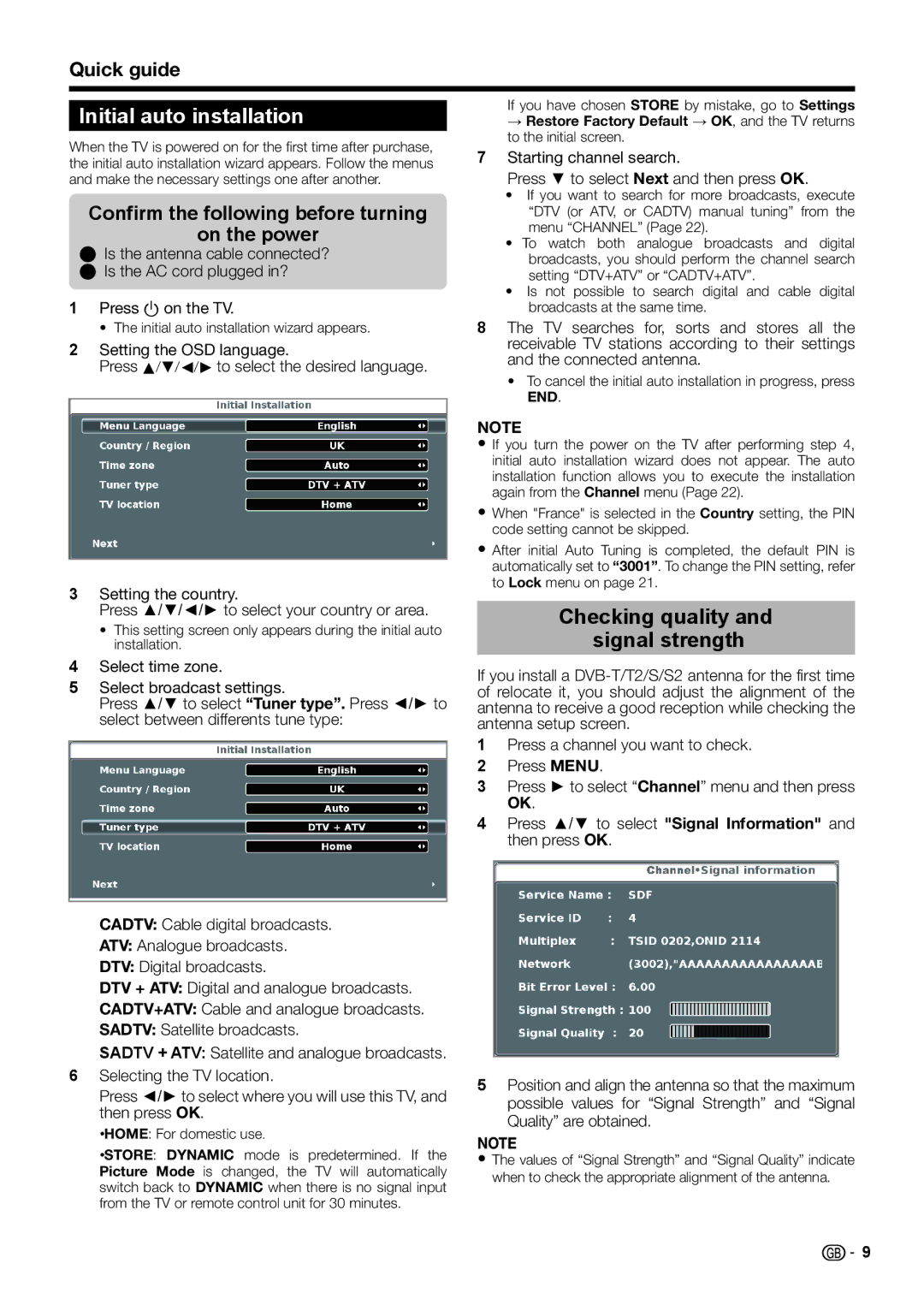 Sharp LC-40LE542E Initial auto installation, Confirm the following before turning On the power, Press a on the TV 