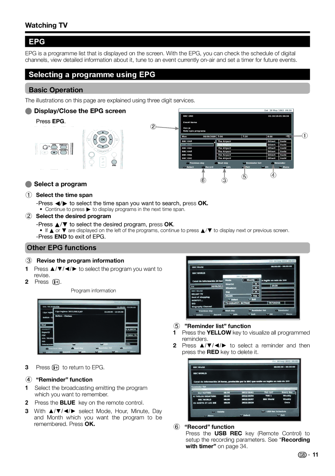 Sharp LC-46LE541E, LC-46LE540E Selecting a programme using EPG, Watching TV, Basic Operation, Other EPG functions 