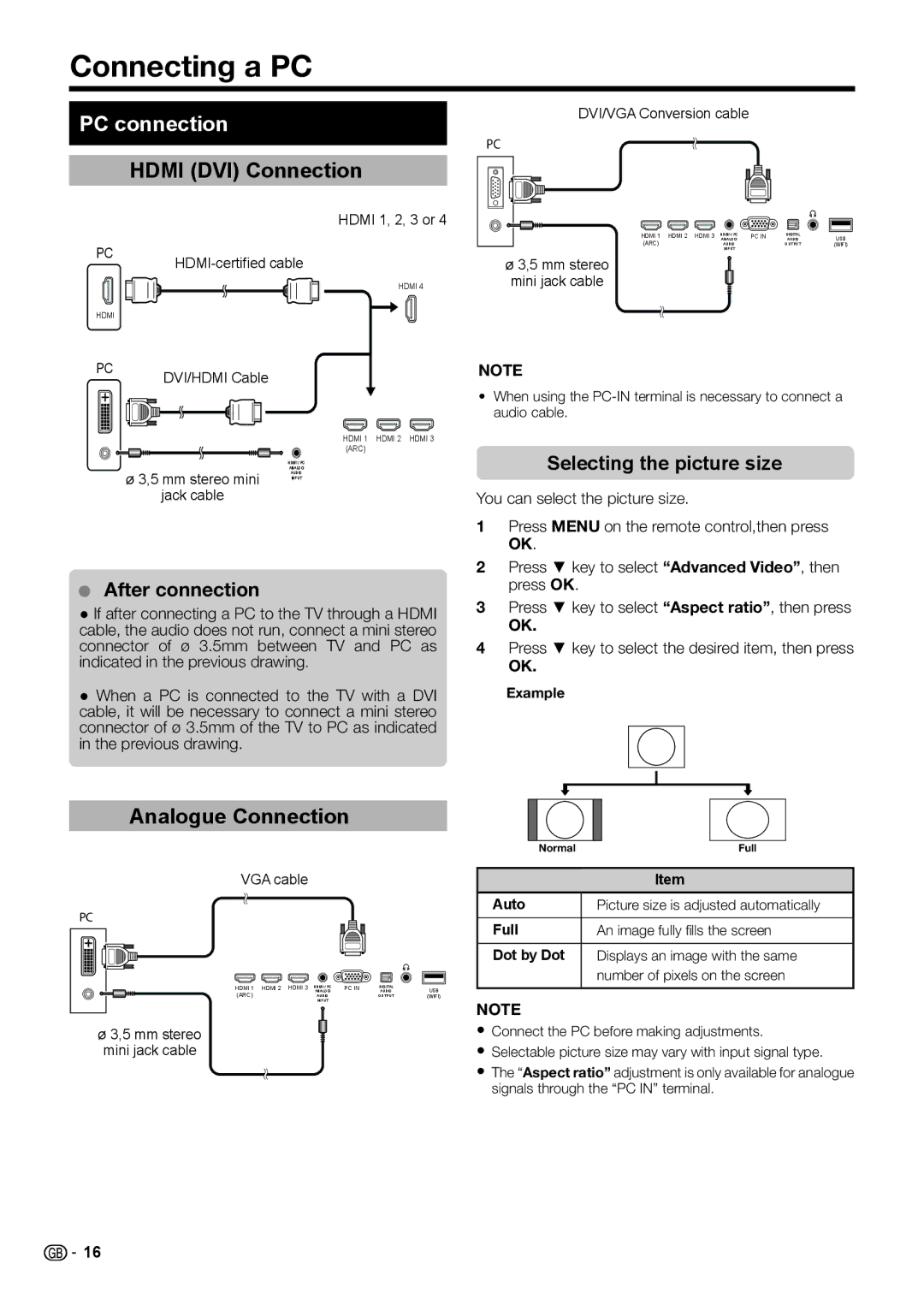 Sharp LC-46LE540E, LC-46LE541E, LC-46LE542E Connecting a PC, PC connection, Hdmi DVI Connection, Analogue Connection 