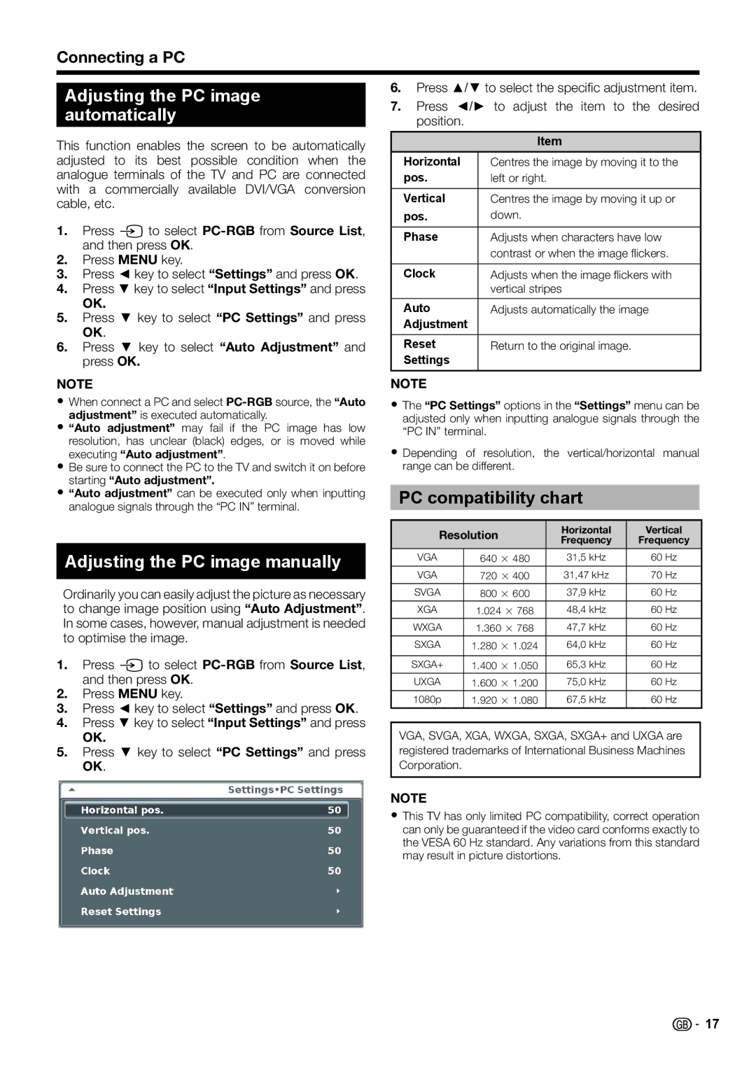 Sharp LC-46LE541E 1Adjusting the PC image 1automatically, Adjusting the PC image manually, PC compatibility chart 