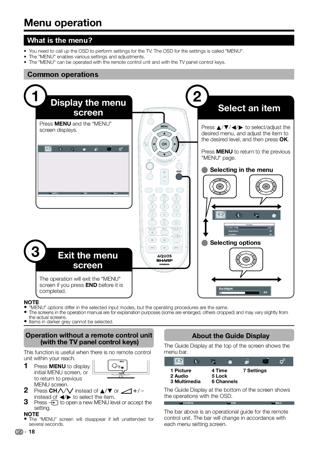 Sharp LC-46LE542E, LC-46LE540E, LC-46LE541E Menu operation, What is the menu?, Common operations, About the Guide Display 