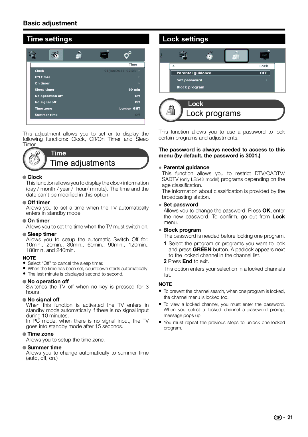 Sharp LC-40LE542E, LC-46LE540E, LC-46LE541E, LC-46LE542E, LC-40LE540E, LC-40LE541E operation manual Time settings Lock settings 