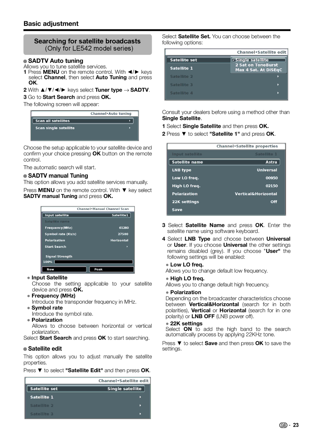 Sharp LC-46LE541E, LC-46LE540E Basic adjustment Searching for satellite broadcasts, Sadtv Auto tuning, Sadtv manual Tuning 