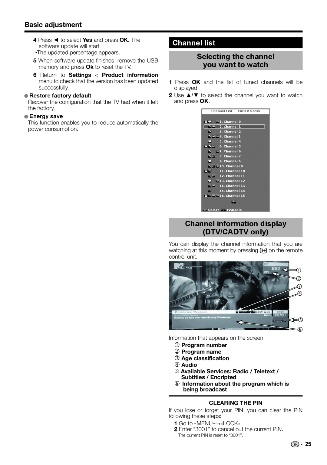 Sharp LC-40LE540E Channel list, Selecting the channel You want to watch, Channel information display DTV/CADTV only 