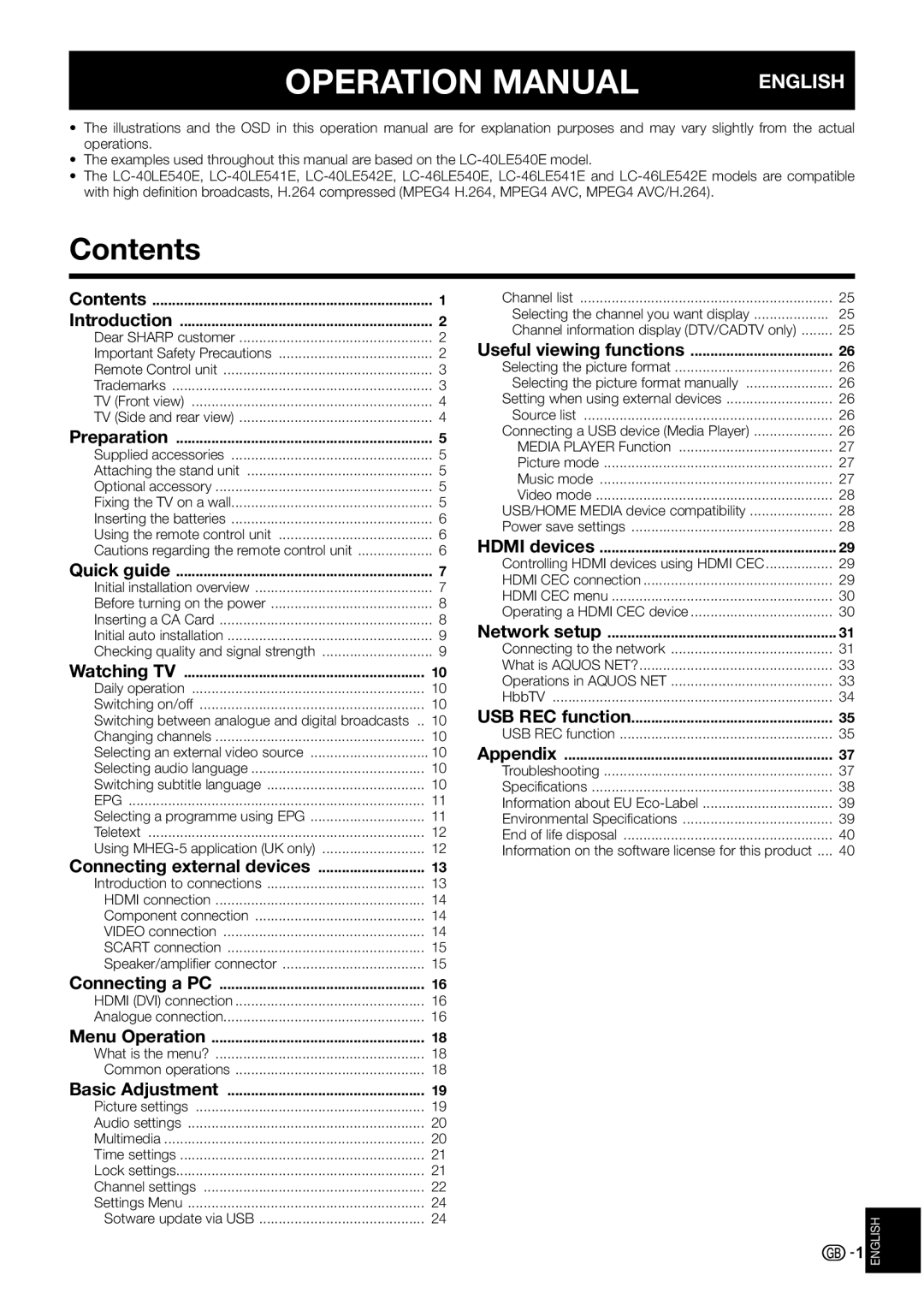 Sharp LC-40LE540E, LC-46LE540E, LC-46LE541E, LC-46LE542E, LC-40LE541E, LC-40LE542E operation manual Contents 