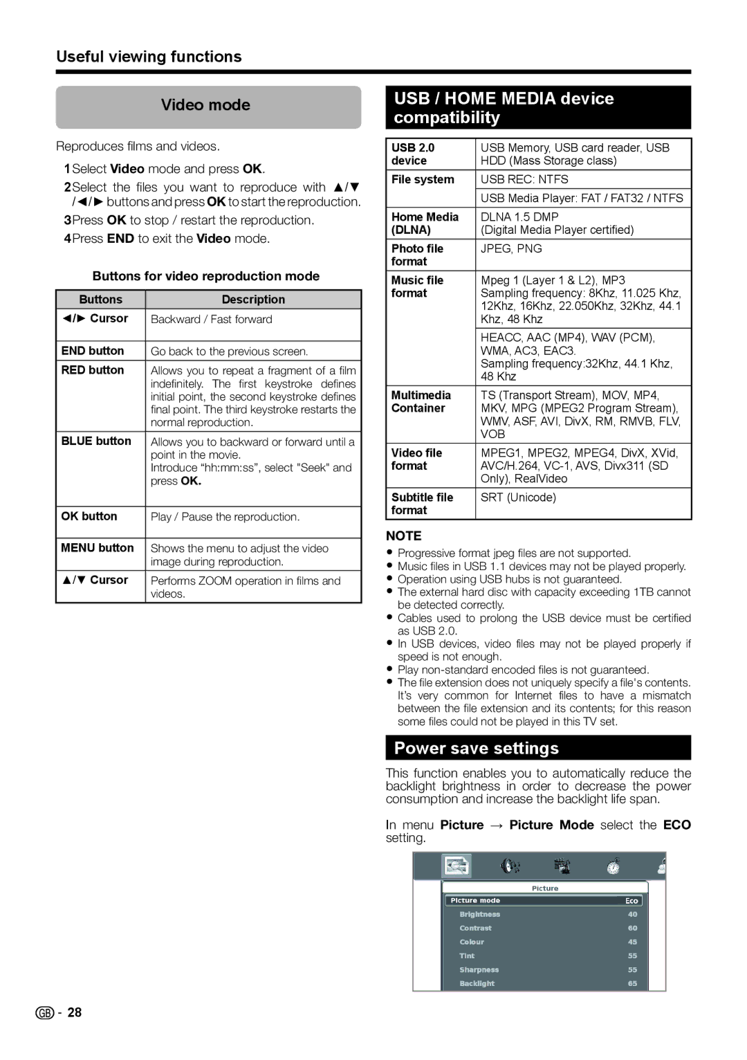 Sharp LC-46LE540E USB / Home Media device compatibility, Power save settings, Useful viewing functions Video mode 