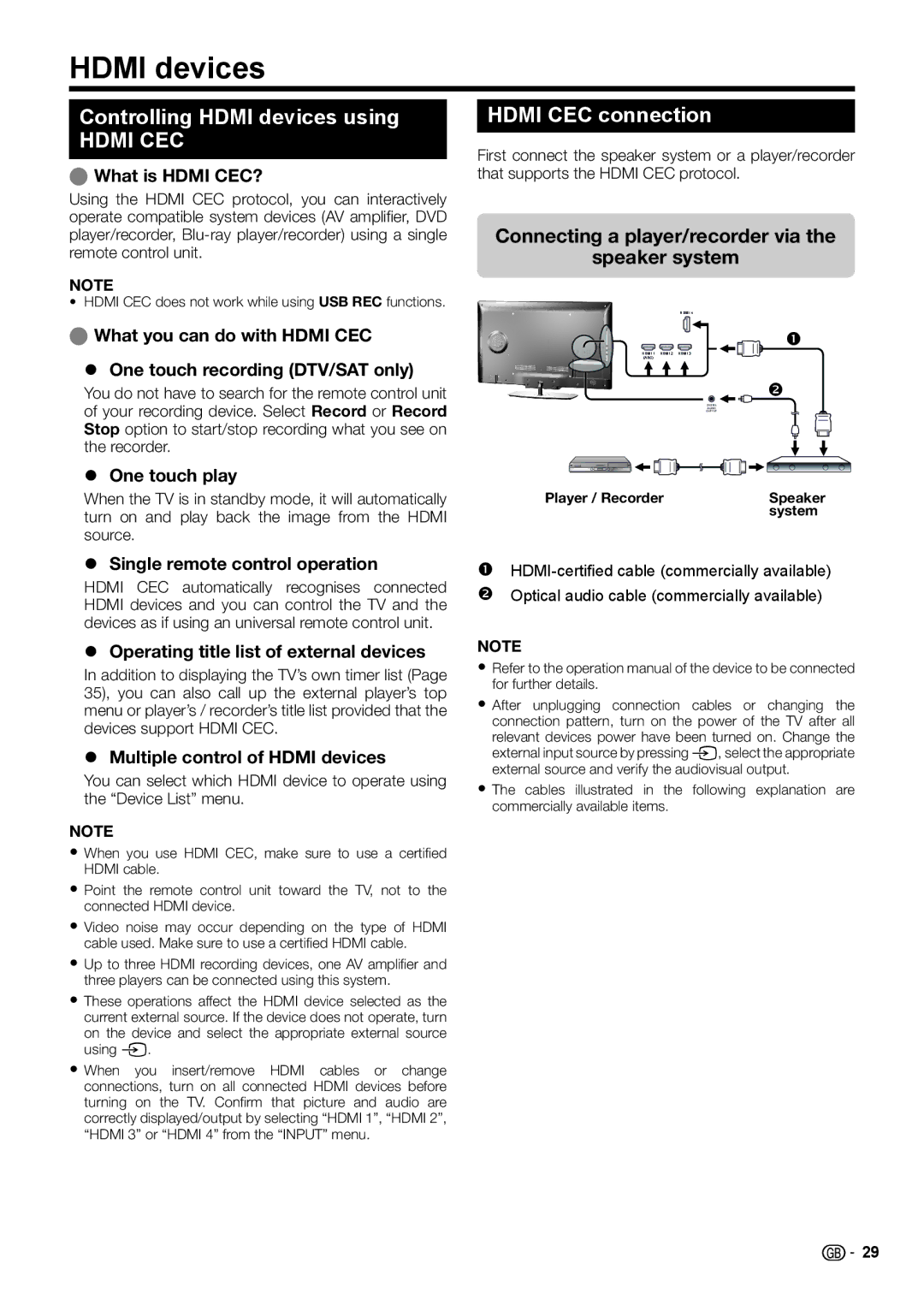 Sharp LC-46LE541E Controlling Hdmi devices using, Hdmi CEC connection, Connecting a player/recorder via Speaker system 