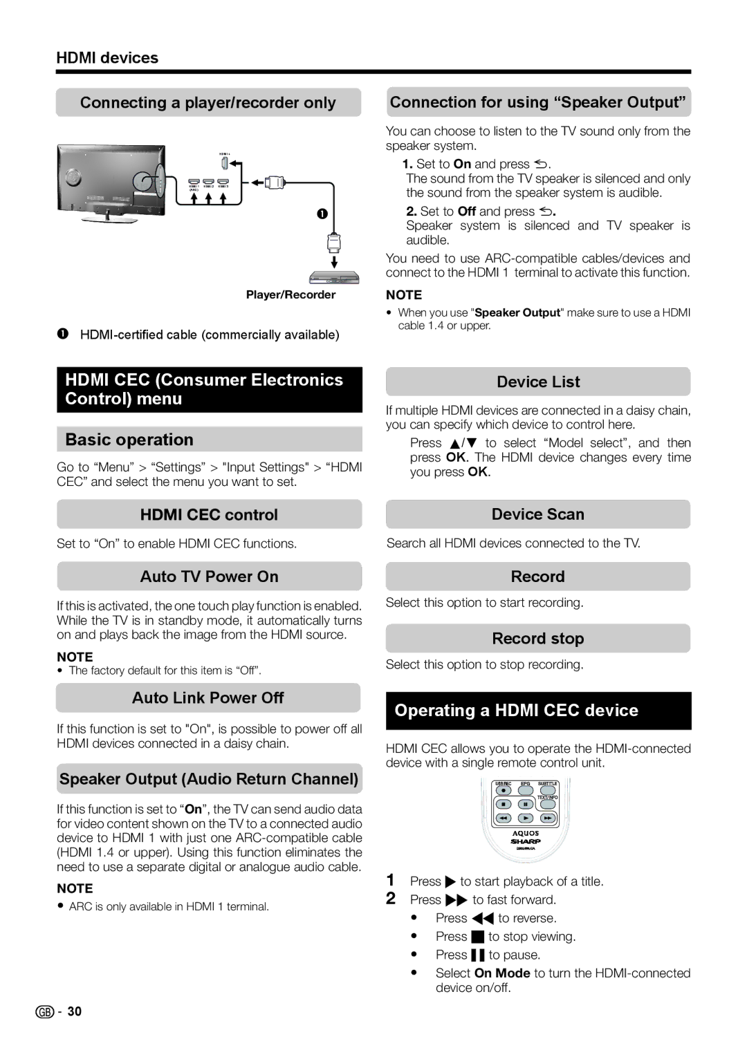 Sharp LC-46LE542E, LC-46LE540E Hdmi CEC Consumer Electronics Control menu, Basic operation, Operating a Hdmi CEC device 