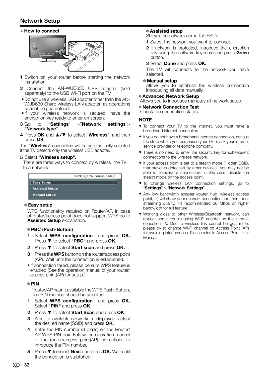 Sharp LC-40LE541E, LC-46LE540E, LC-46LE541E, LC-46LE542E, LC-40LE540E, LC-40LE542E operation manual Network Setup 