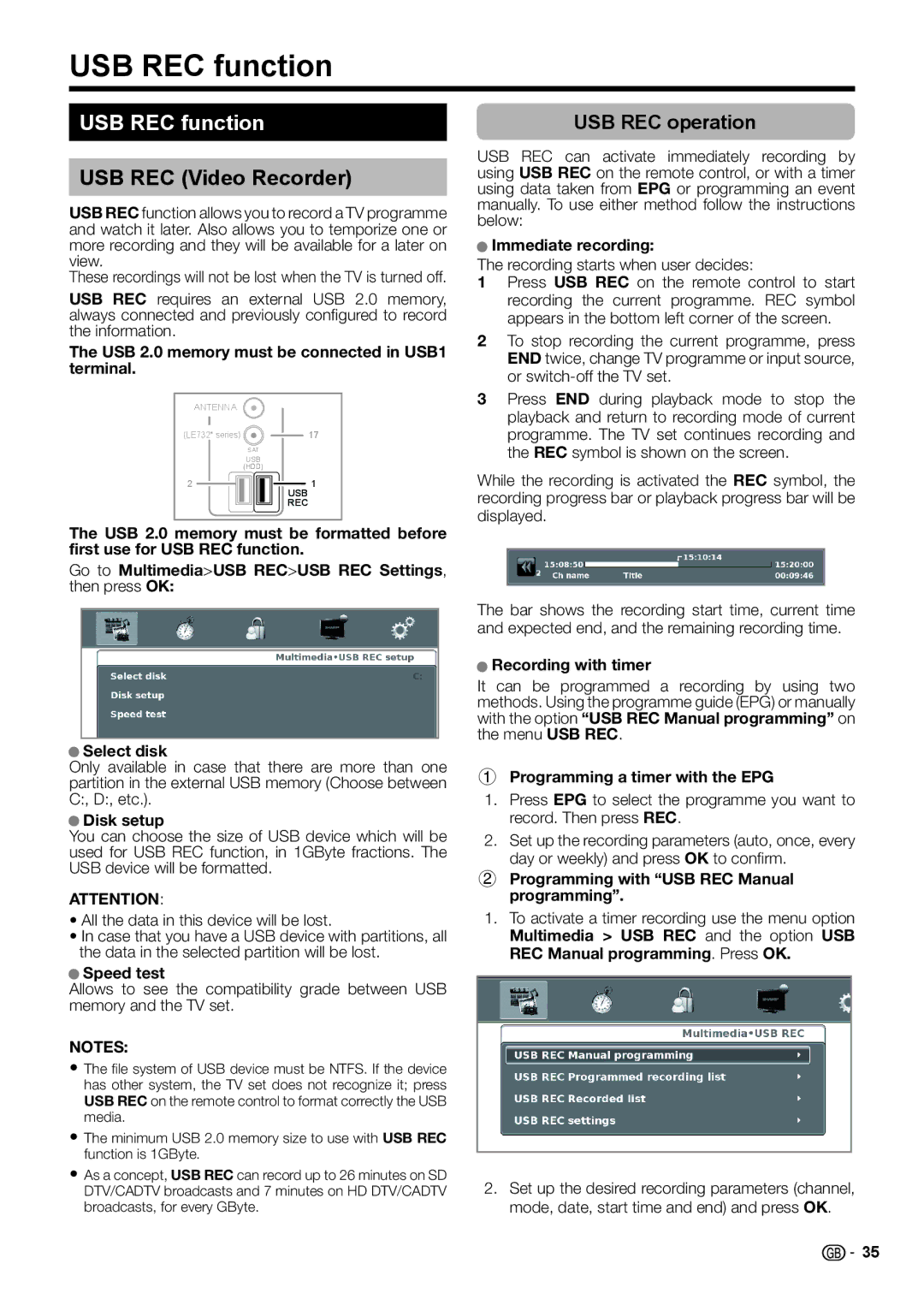 Sharp LC-46LE541E, LC-46LE540E, LC-46LE542E, LC-40LE540E USB REC function, USB REC Video Recorder, USB REC operation 