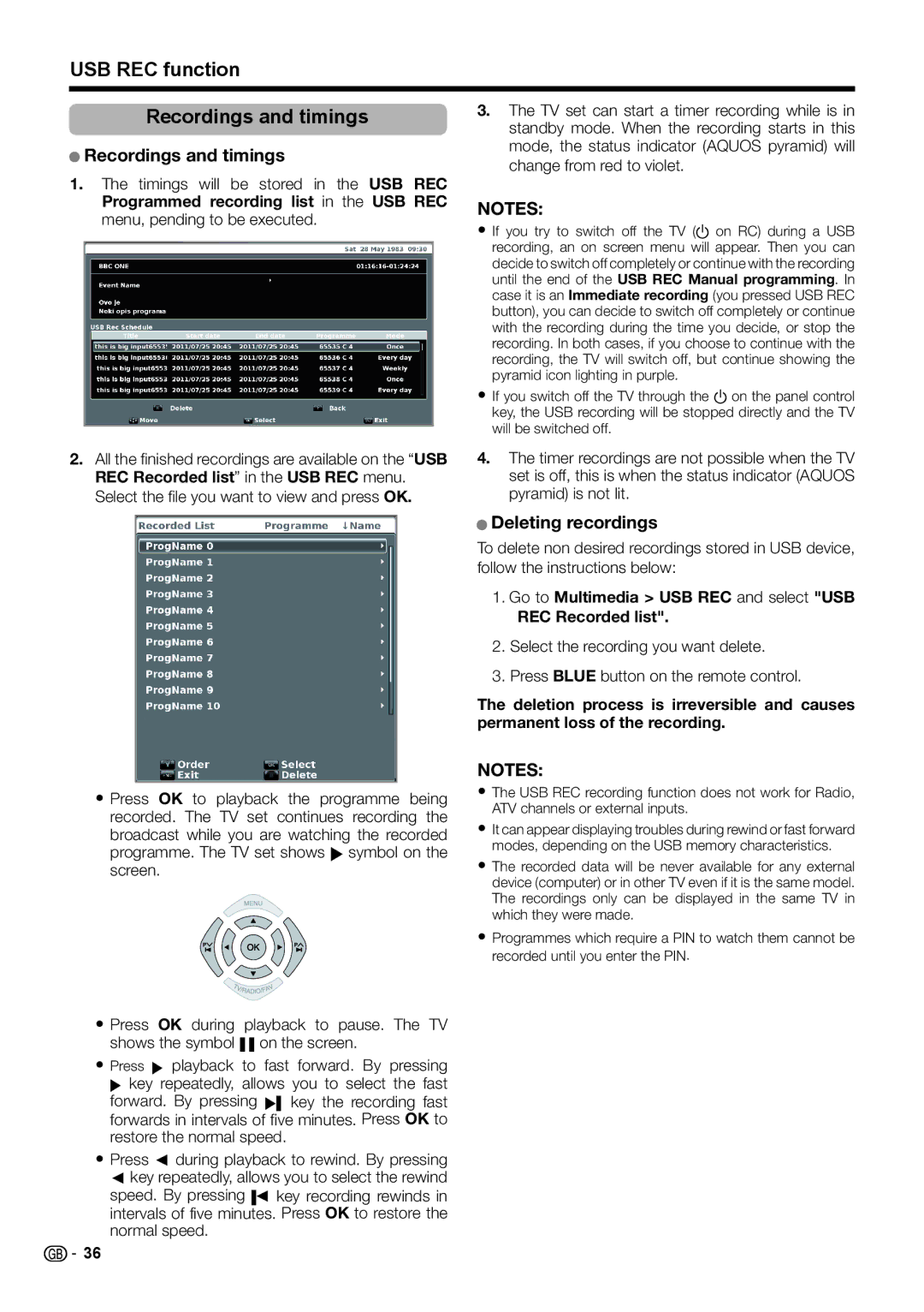 Sharp LC-46LE542E, LC-46LE540E, LC-46LE541E, LC-40LE540E USB REC function Recordings and timings, Deleting recordings 