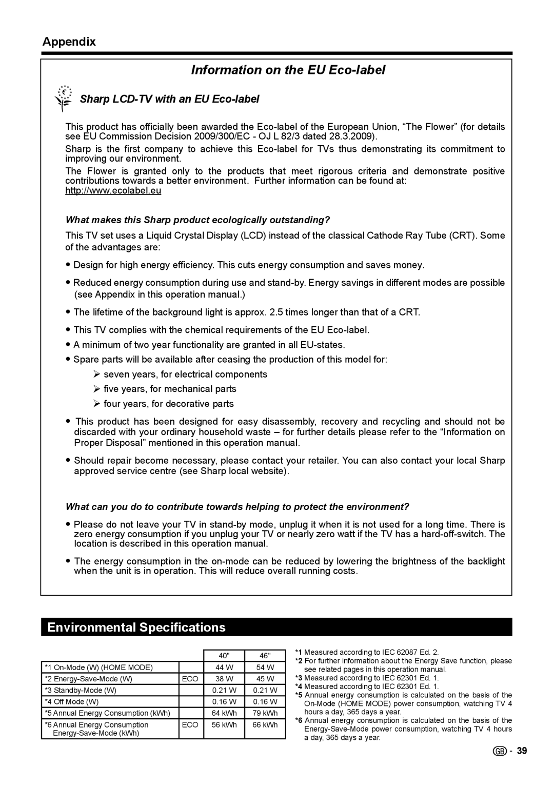 Sharp LC-40LE542E, LC-46LE540E, LC-46LE541E, LC-46LE542E Information on the EU Eco-label, Environmental Specifications 