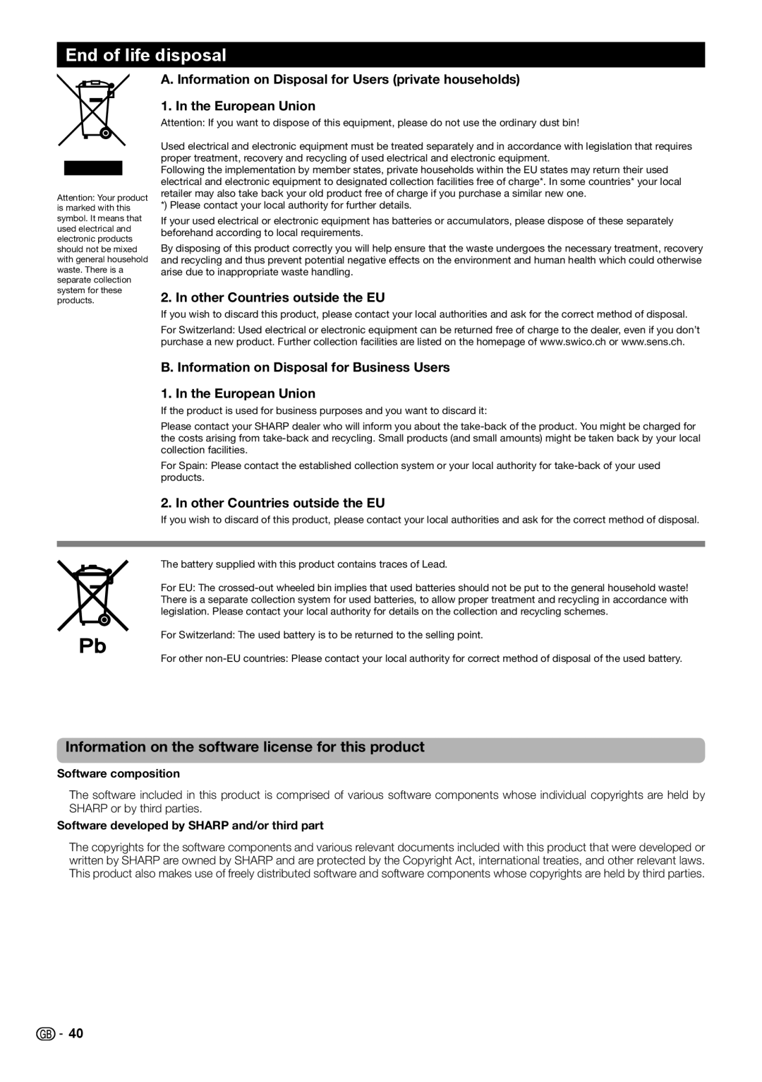 Sharp LC-46LE540E, LC-46LE541E, LC-46LE542E End of life disposal, Information on the software license for this product 