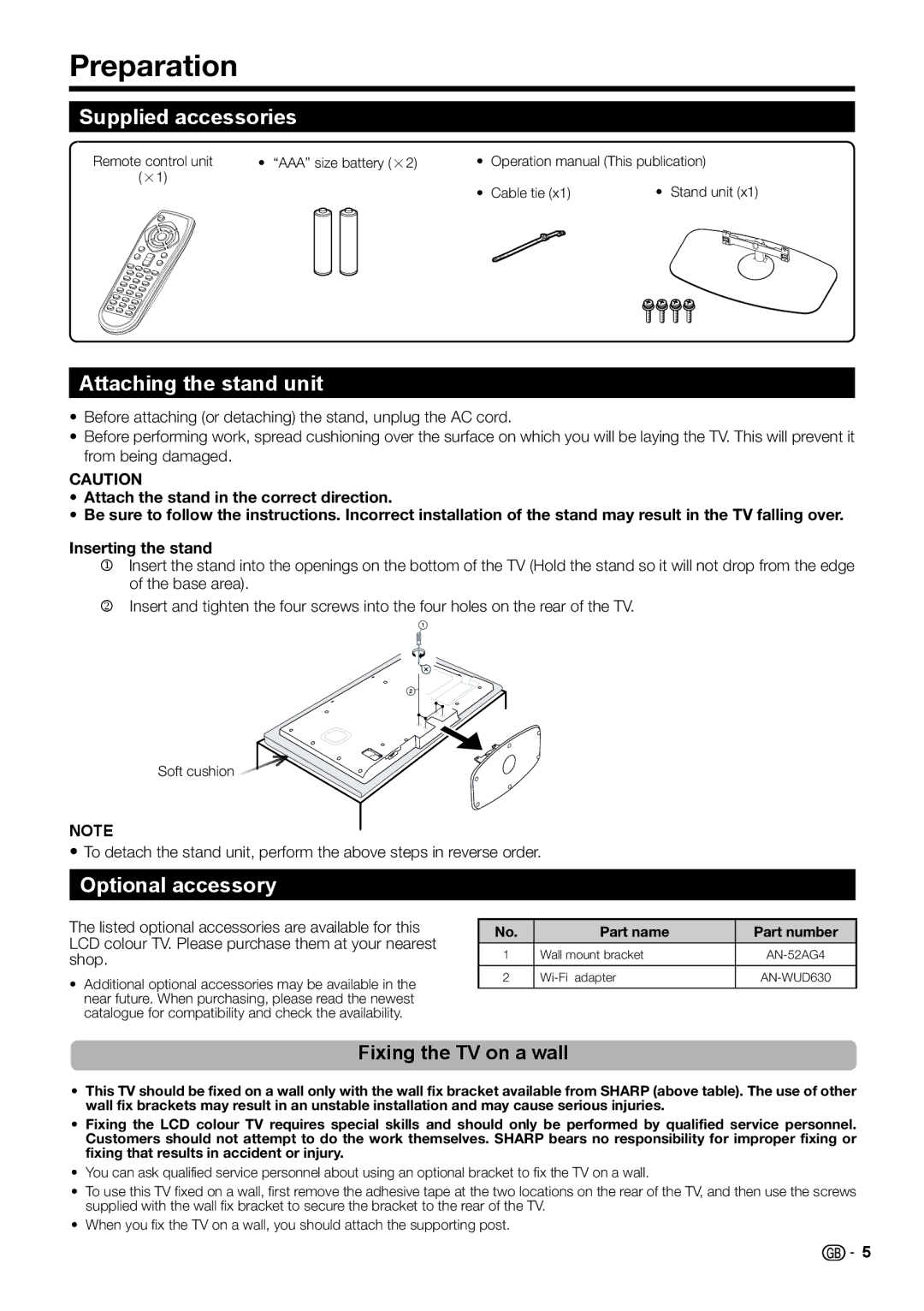 Sharp LC-46LE541E Preparation, Supplied accessories, Attaching the stand unit, Optional accessory, Fixing the TV on a wall 