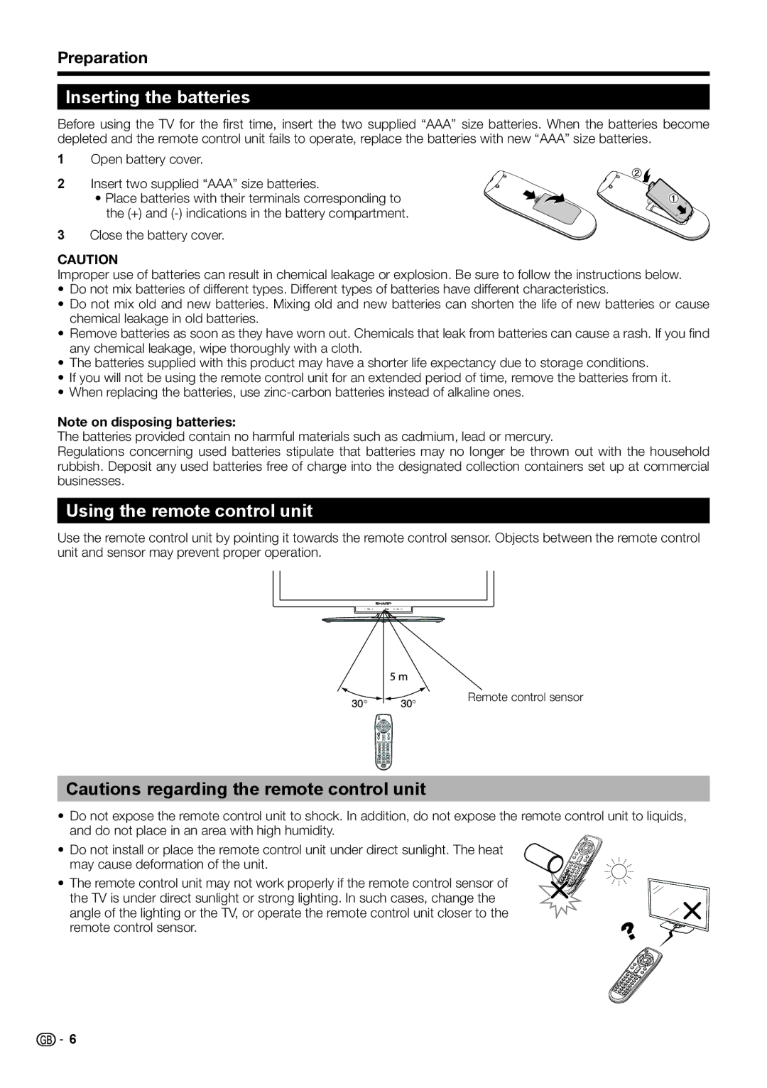 Sharp LC-46LE542E, LC-46LE540E, LC-46LE541E, LC-40LE540E Inserting the batteries, Using the remote control unit, Preparation 