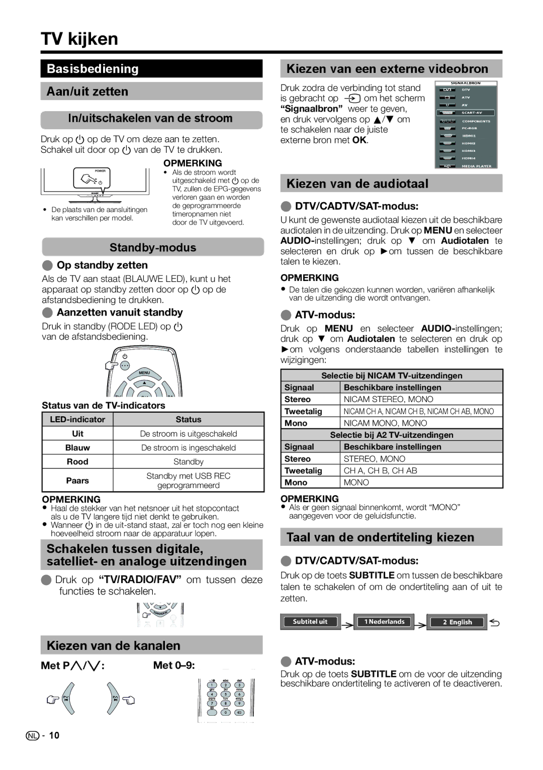 Sharp LC-46LE540E, LC-46LE541E, LC-46LE542E, LC-40LE540E, LC-40LE541E, LC-40LE542E operation manual TV kijken, Basisbediening 