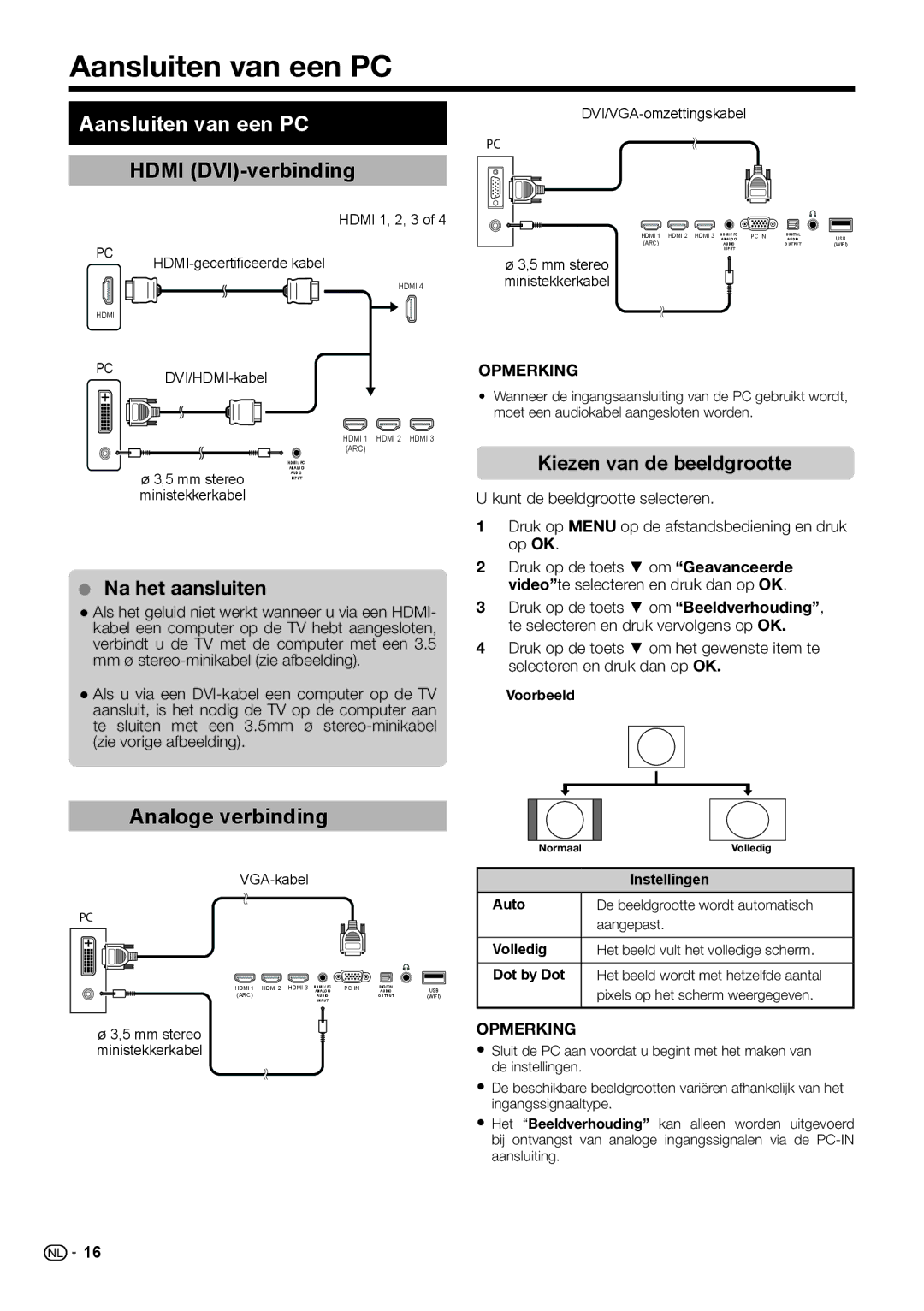 Sharp LC-46LE540E, LC-46LE541E Aansluiten van een PC, Hdmi DVI-verbinding, Analoge verbinding, Kiezen van de beeldgrootte 