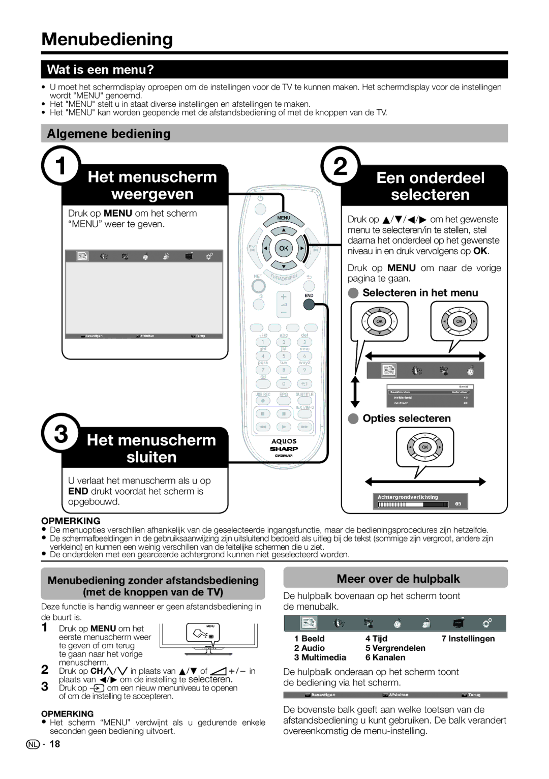 Sharp LC-46LE542E, LC-46LE540E, LC-46LE541E Menubediening, Wat is een menu?, Algemene bediening, Meer over de hulpbalk 