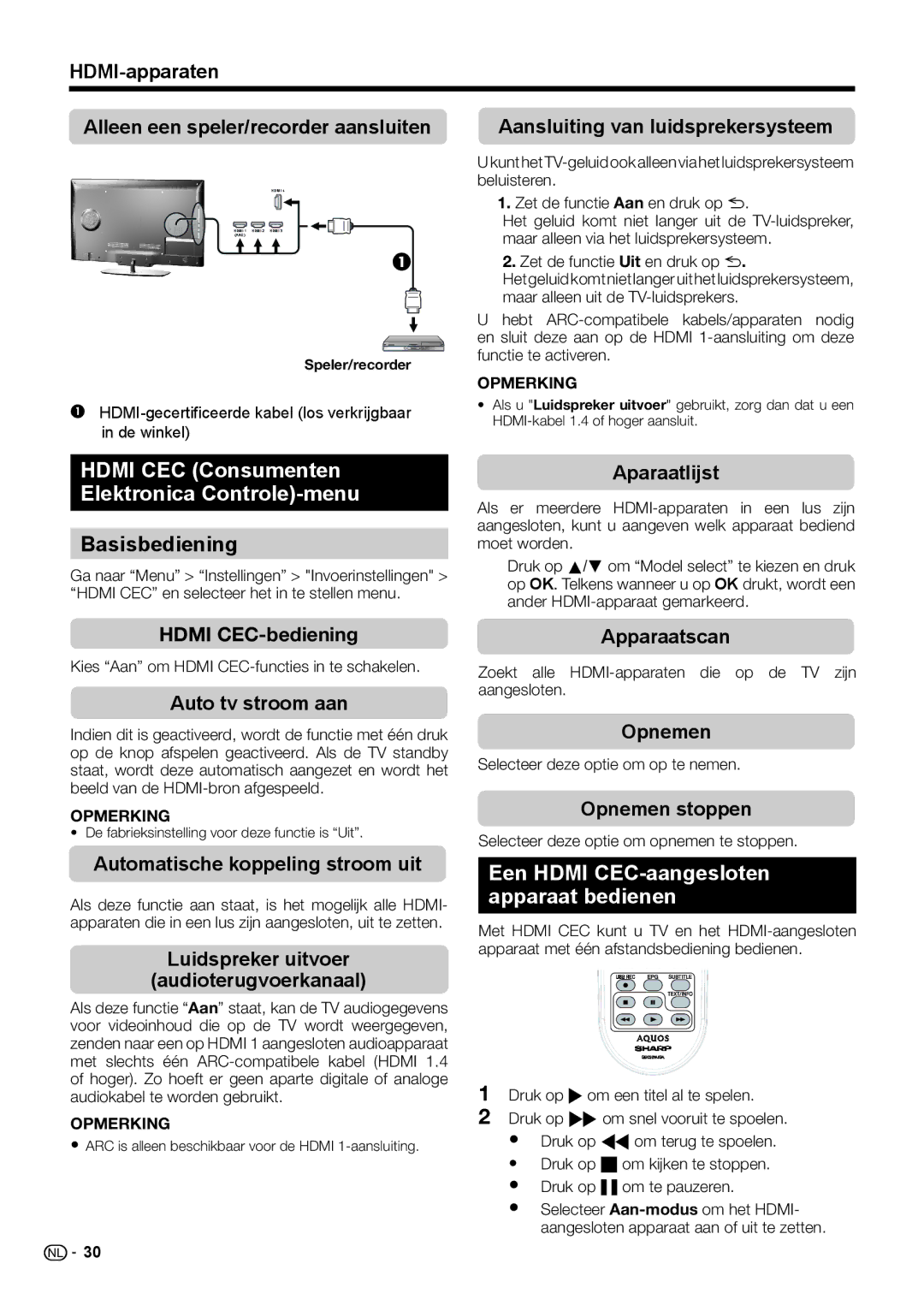 Sharp LC-46LE542E, LC-46LE540E, LC-46LE541E, LC-40LE540E Hdmi CEC Consumenten Elektronica Controle-menu, Basisbediening 