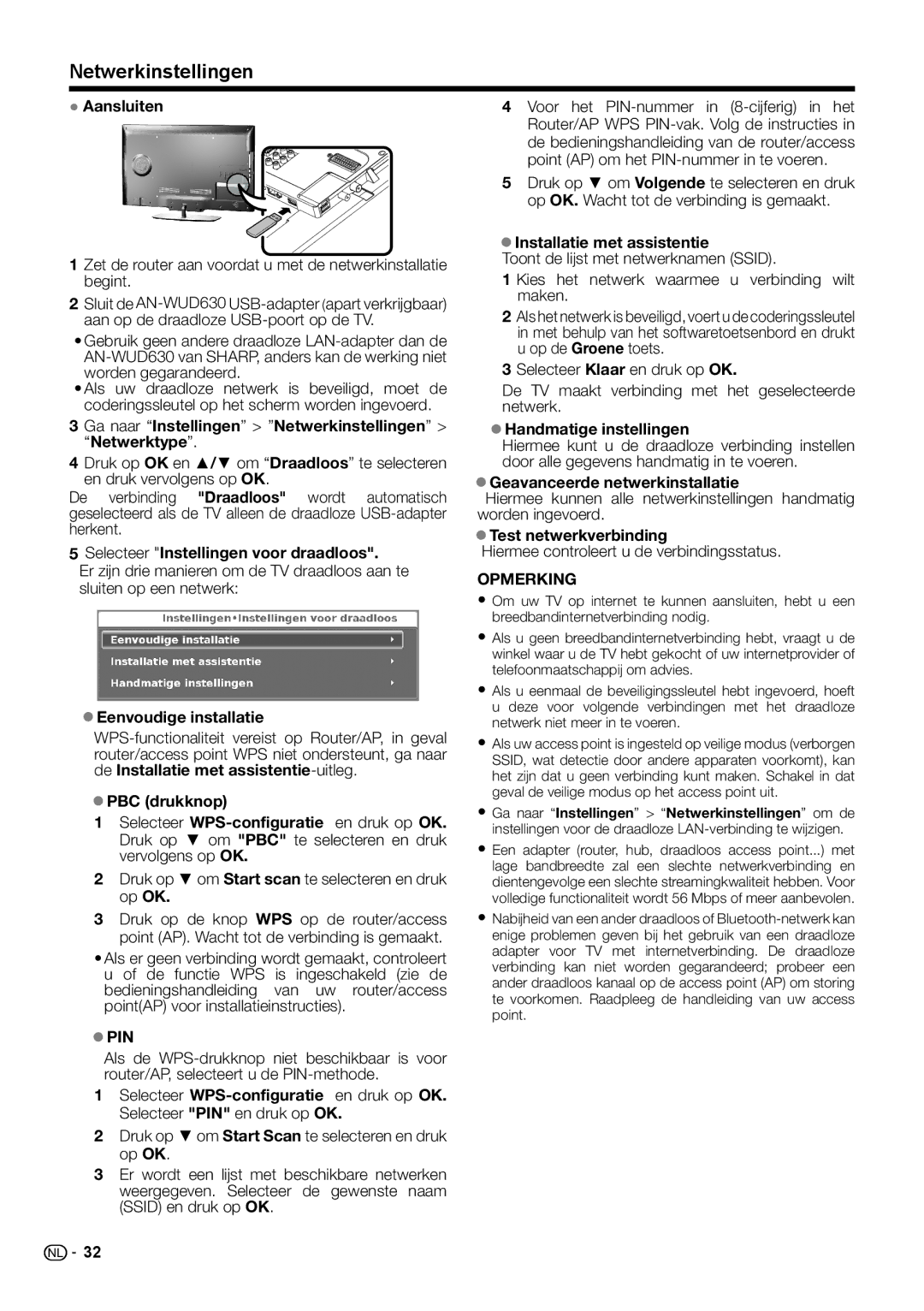 Sharp LC-40LE541E, LC-46LE540E, LC-46LE541E, LC-46LE542E, LC-40LE540E, LC-40LE542E operation manual Netwerkinstellingen 