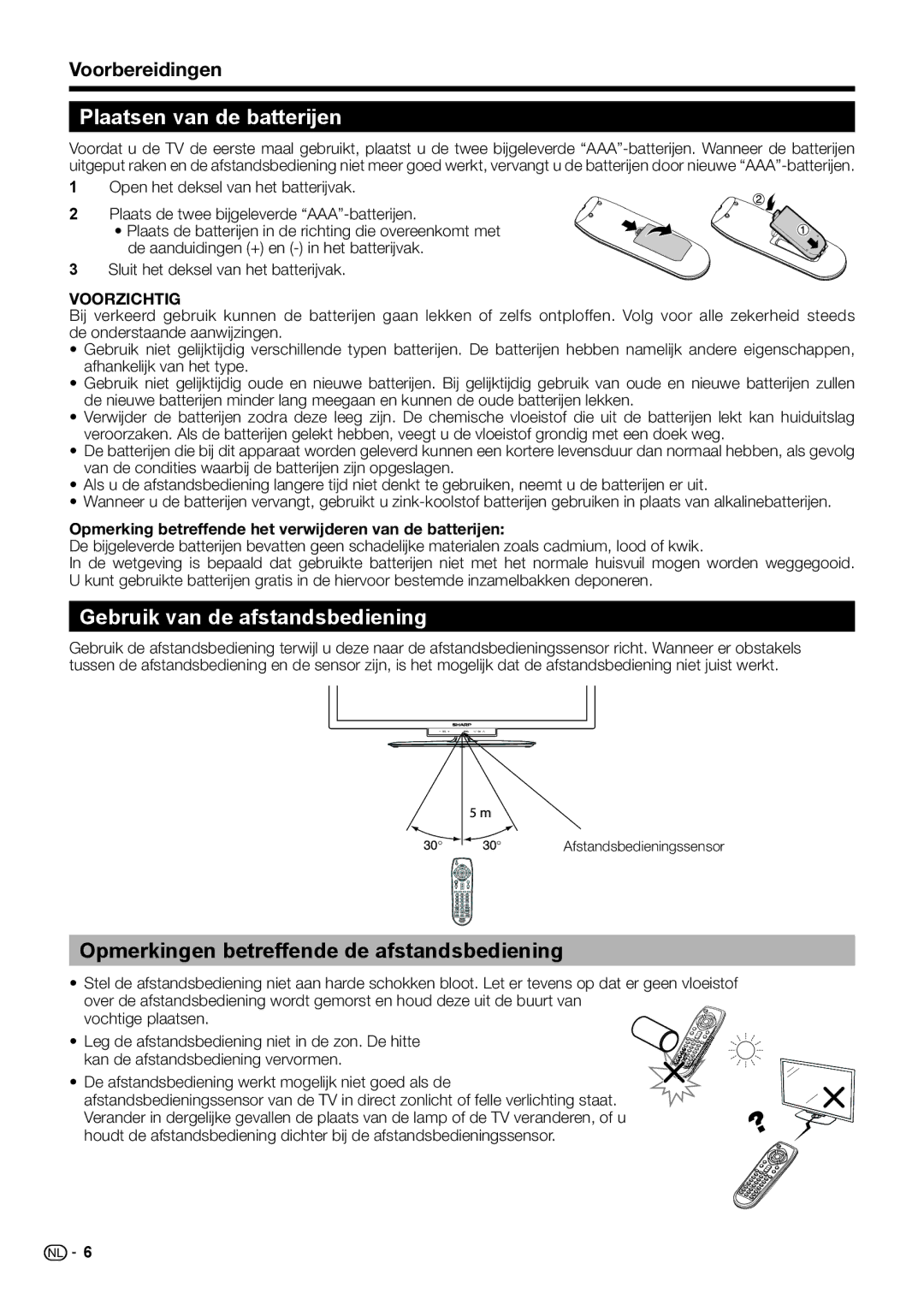 Sharp LC-46LE542E, LC-46LE540E, LC-46LE541E Plaatsen van de batterijen, Gebruik van de afstandsbediening, Voorbereidingen 