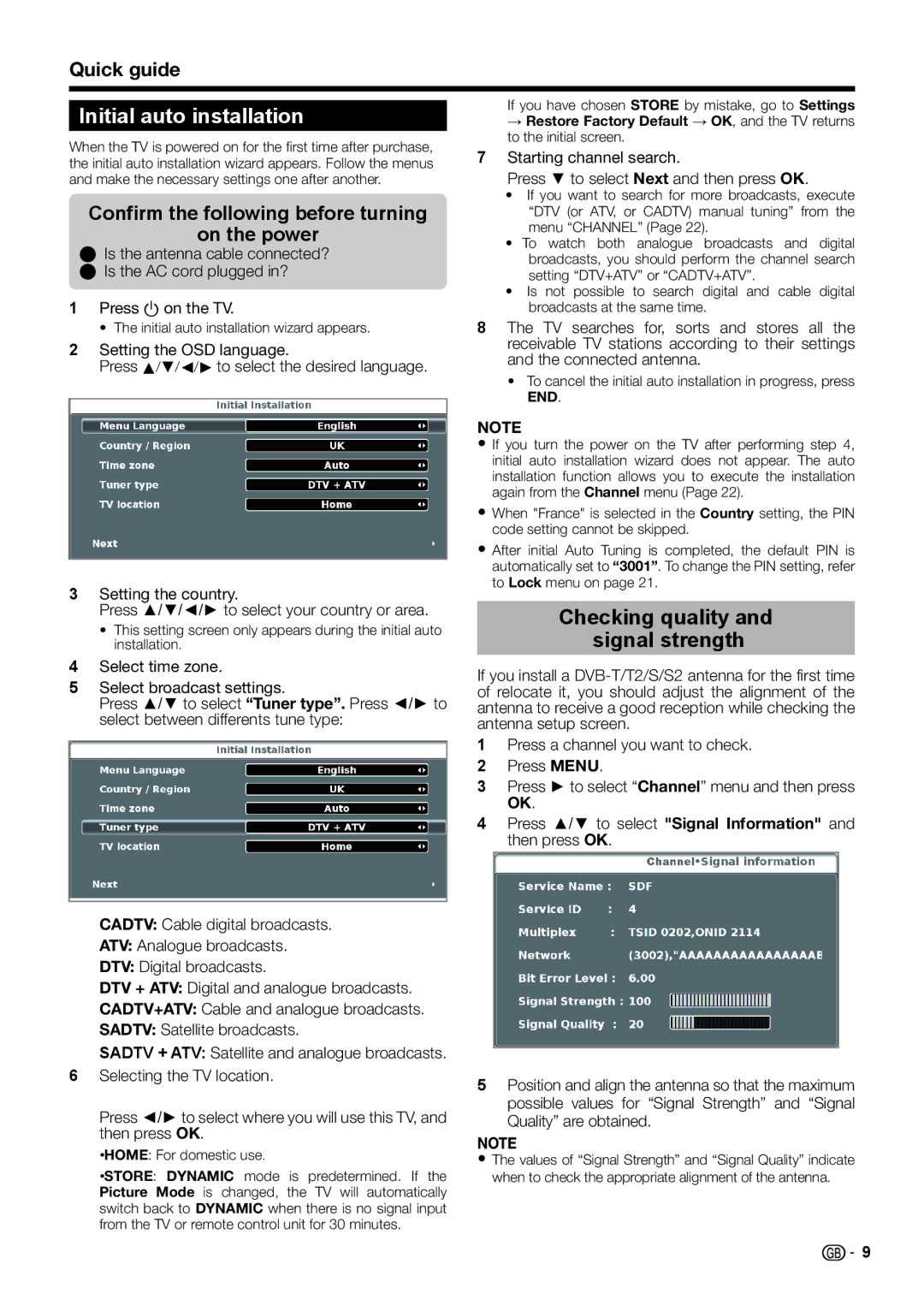 Sharp LC-46LE730E Initial auto installation, Confirm the following before turning On the power, Press aon the TV 