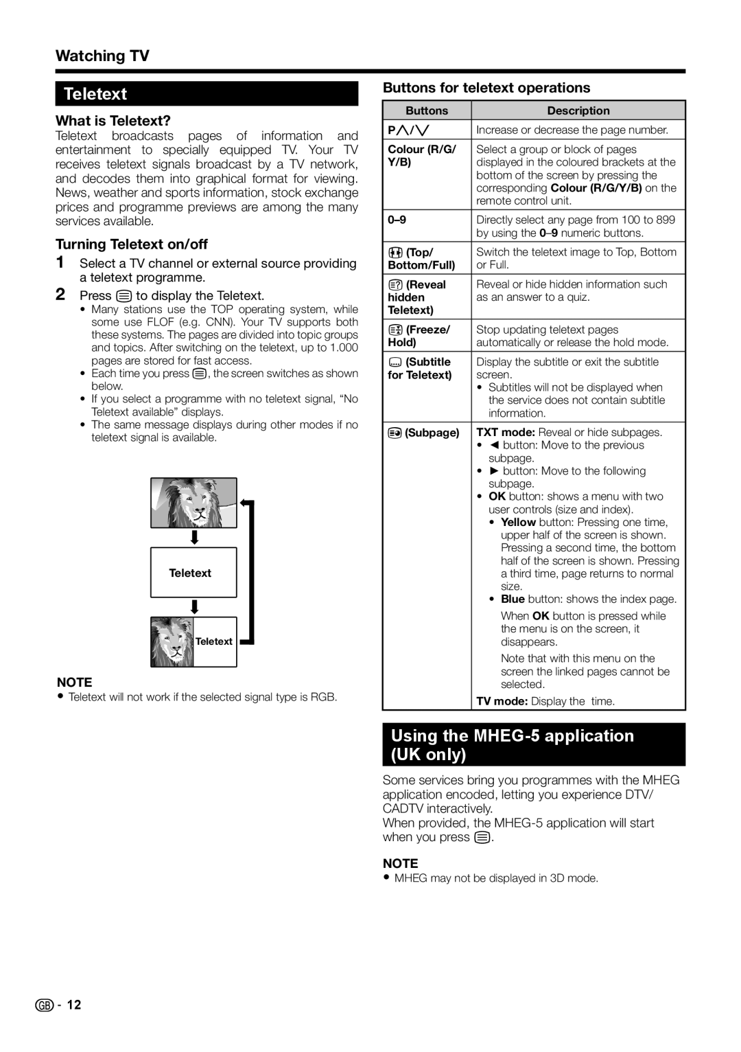 Sharp LC-40LE730E, LC-46LE732E Using the MHEG-5 application UK only, What is Teletext?, Turning Teletext on/off 