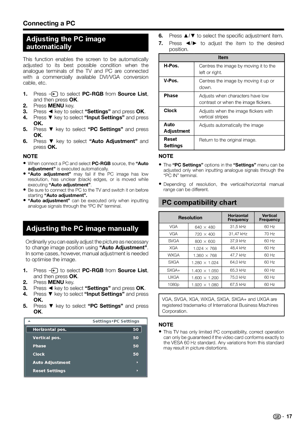 Sharp LC-46LE730E 1Adjusting the PC image 1automatically, Adjusting the PC image manually, PC compatibility chart 