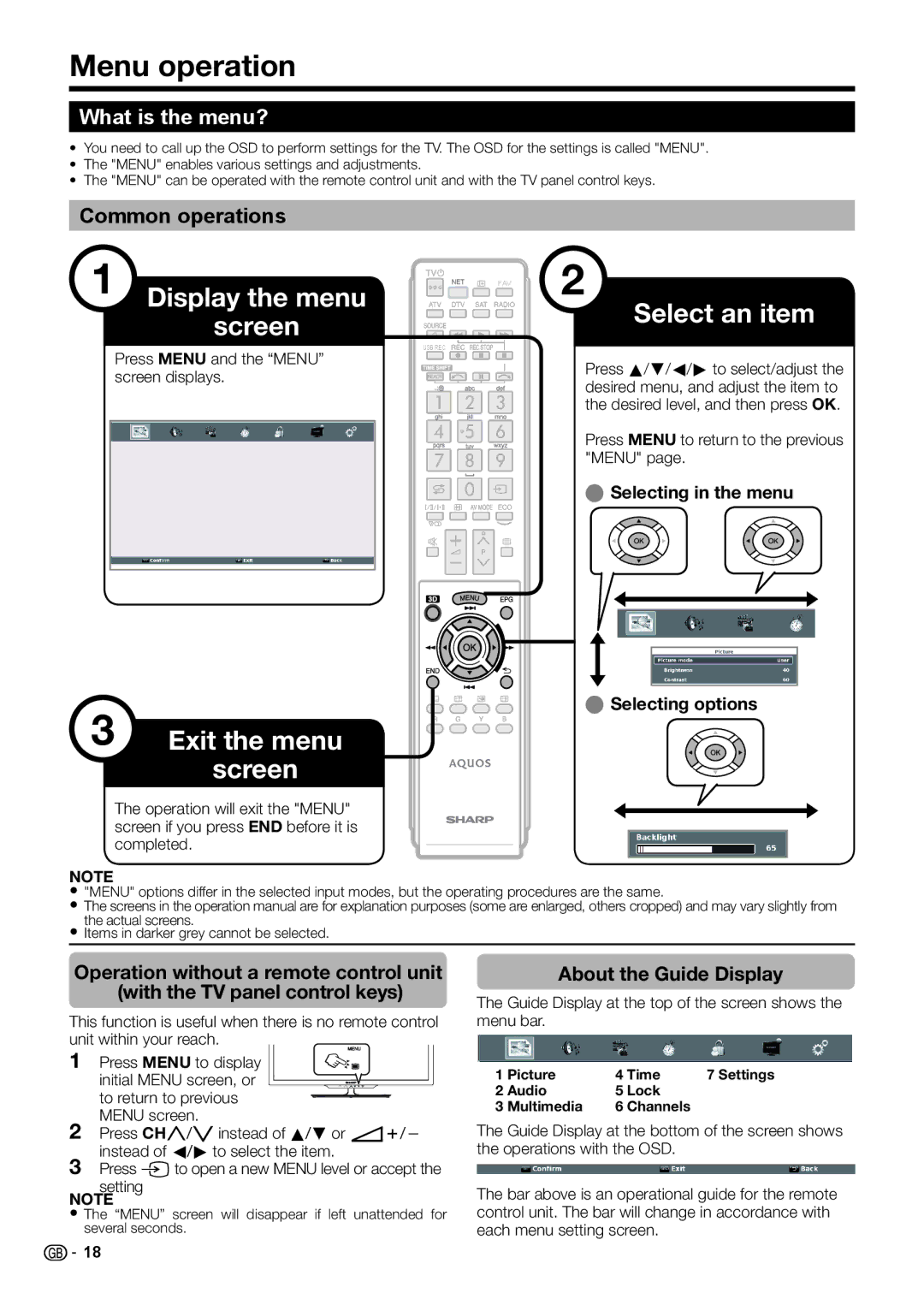 Sharp LC-46LE732E, LC-40LE732E, LC-40LE730E Menu operation, What is the menu?, Common operations, About the Guide Display 