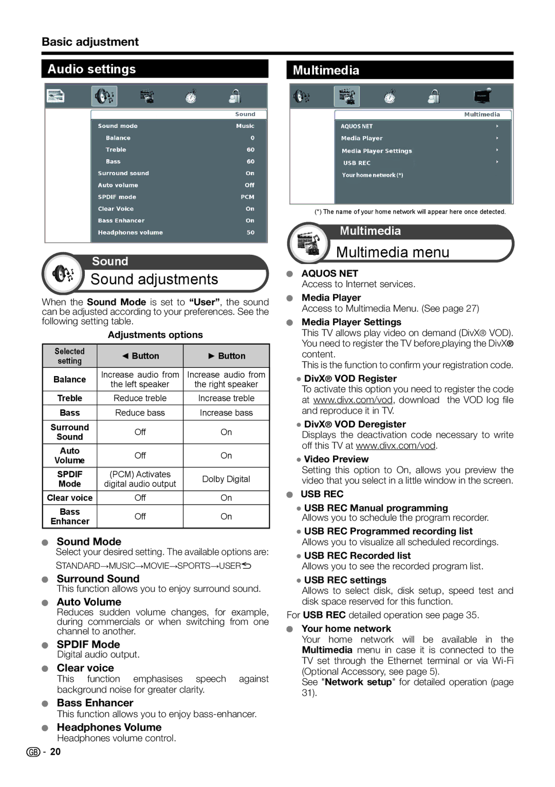 Sharp LC-40LE730E, LC-46LE732E, LC-40LE732E, LC-46LE730E operation manual Audio settings Multimedia, Basic adjustment 