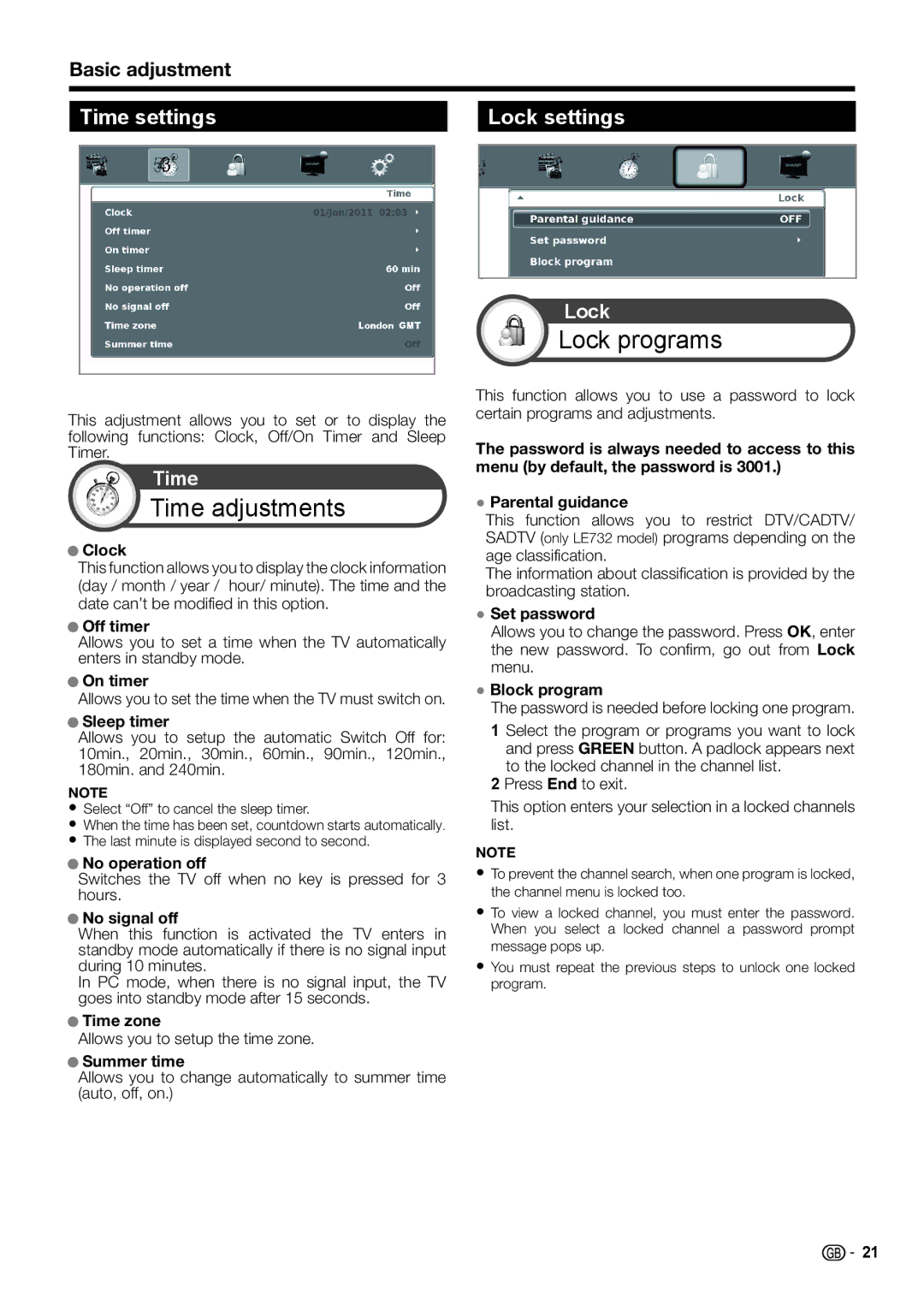 Sharp LC-46LE730E, LC-46LE732E, LC-40LE732E, LC-40LE730E operation manual Time settings Lock settings 