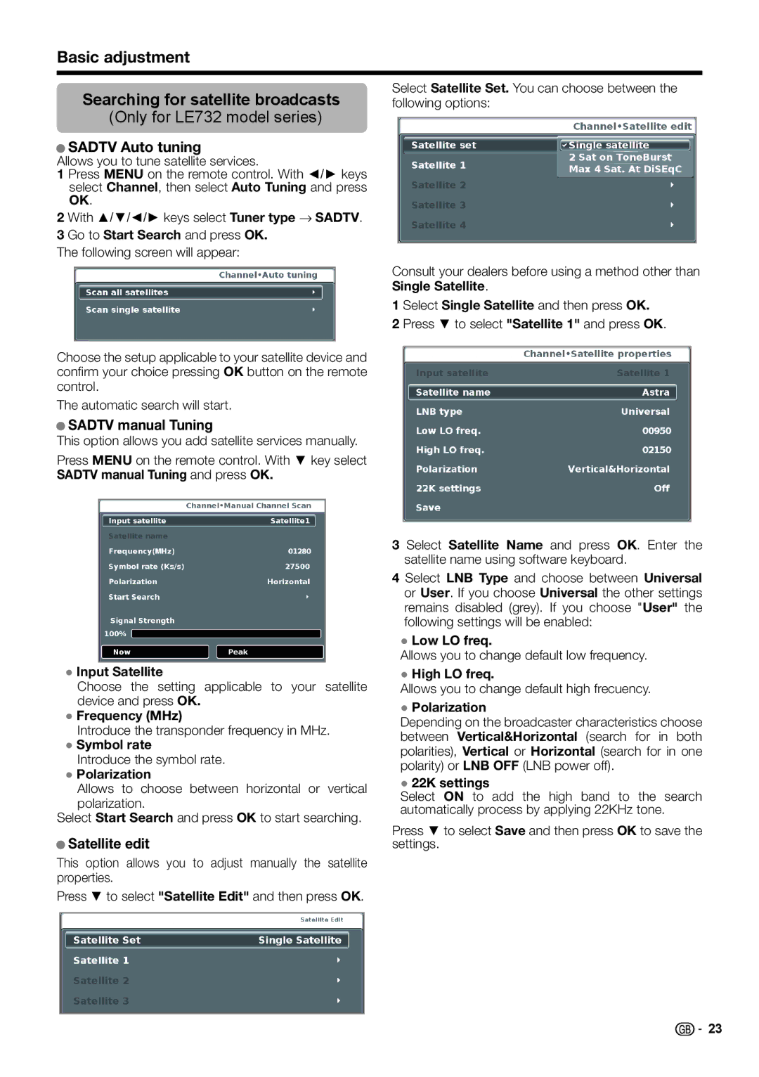 Sharp LC-40LE732E, LC-46LE732E Basic adjustment Searching for satellite broadcasts, Sadtv Auto tuning, Sadtv manual Tuning 