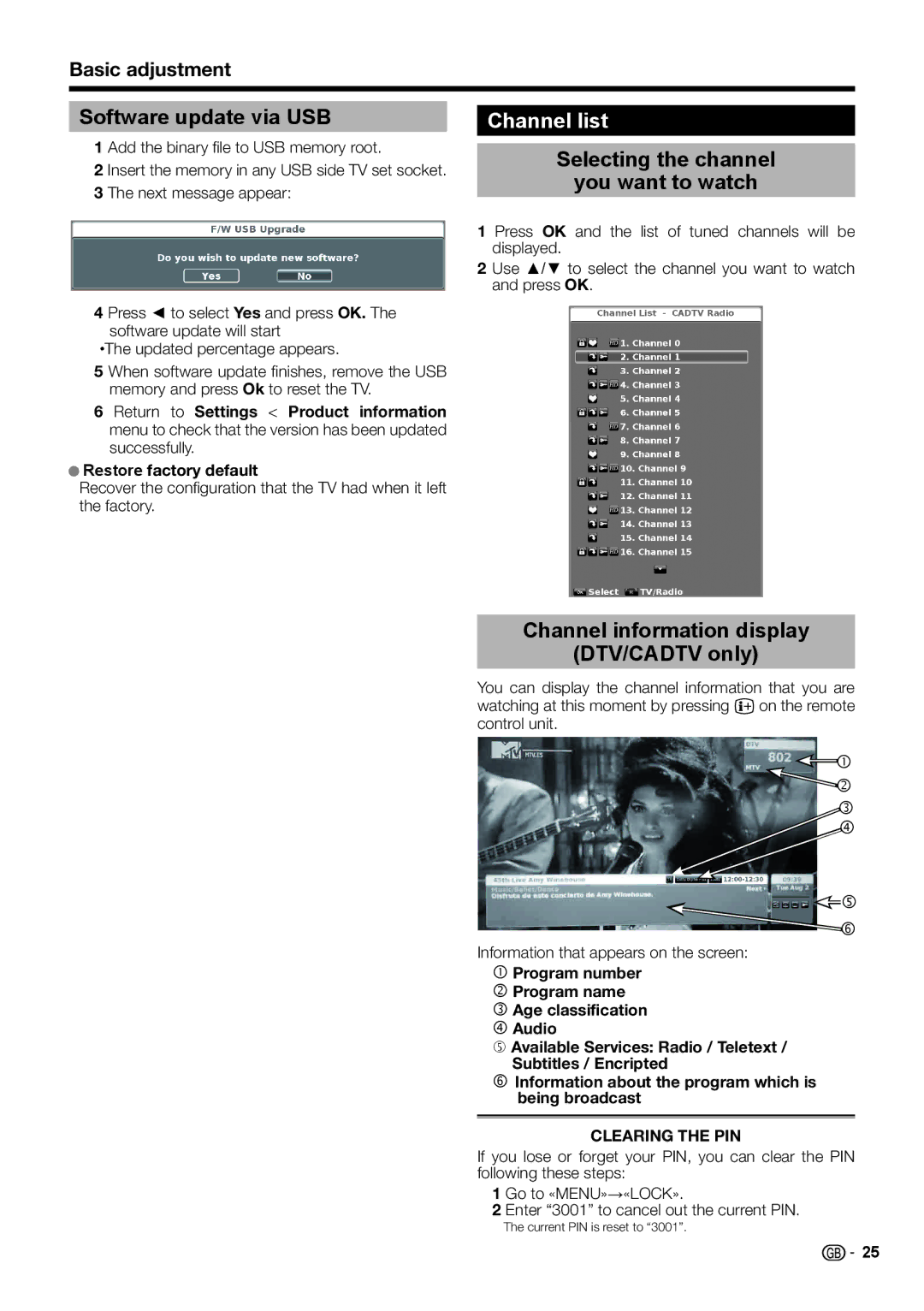 Sharp LC-46LE730E, LC-46LE732E, LC-40LE732E Software update via USB, Channel list, Selecting the channel You want to watch 