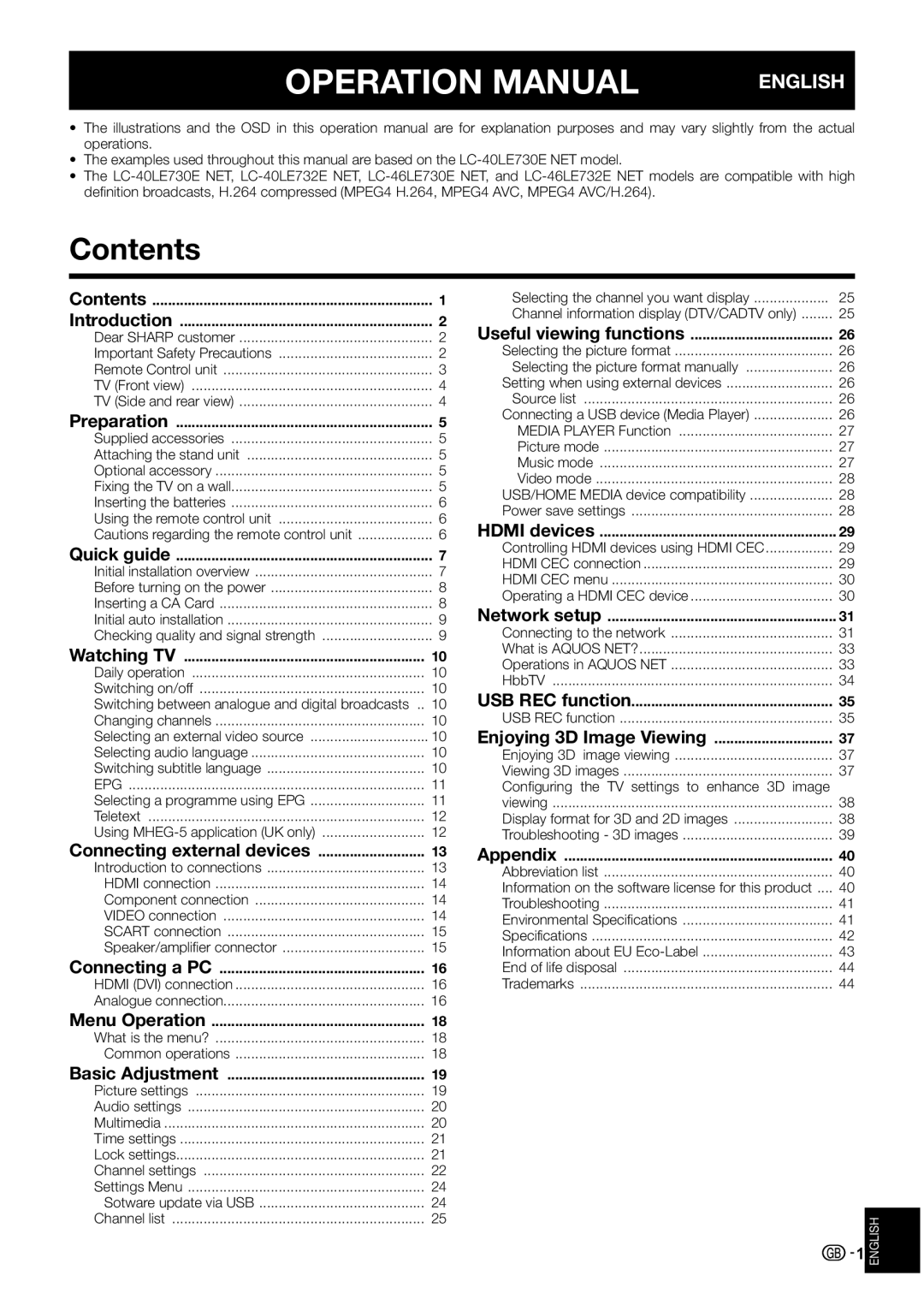 Sharp LC-46LE730E, LC-46LE732E, LC-40LE732E, LC-40LE730E operation manual Contents 