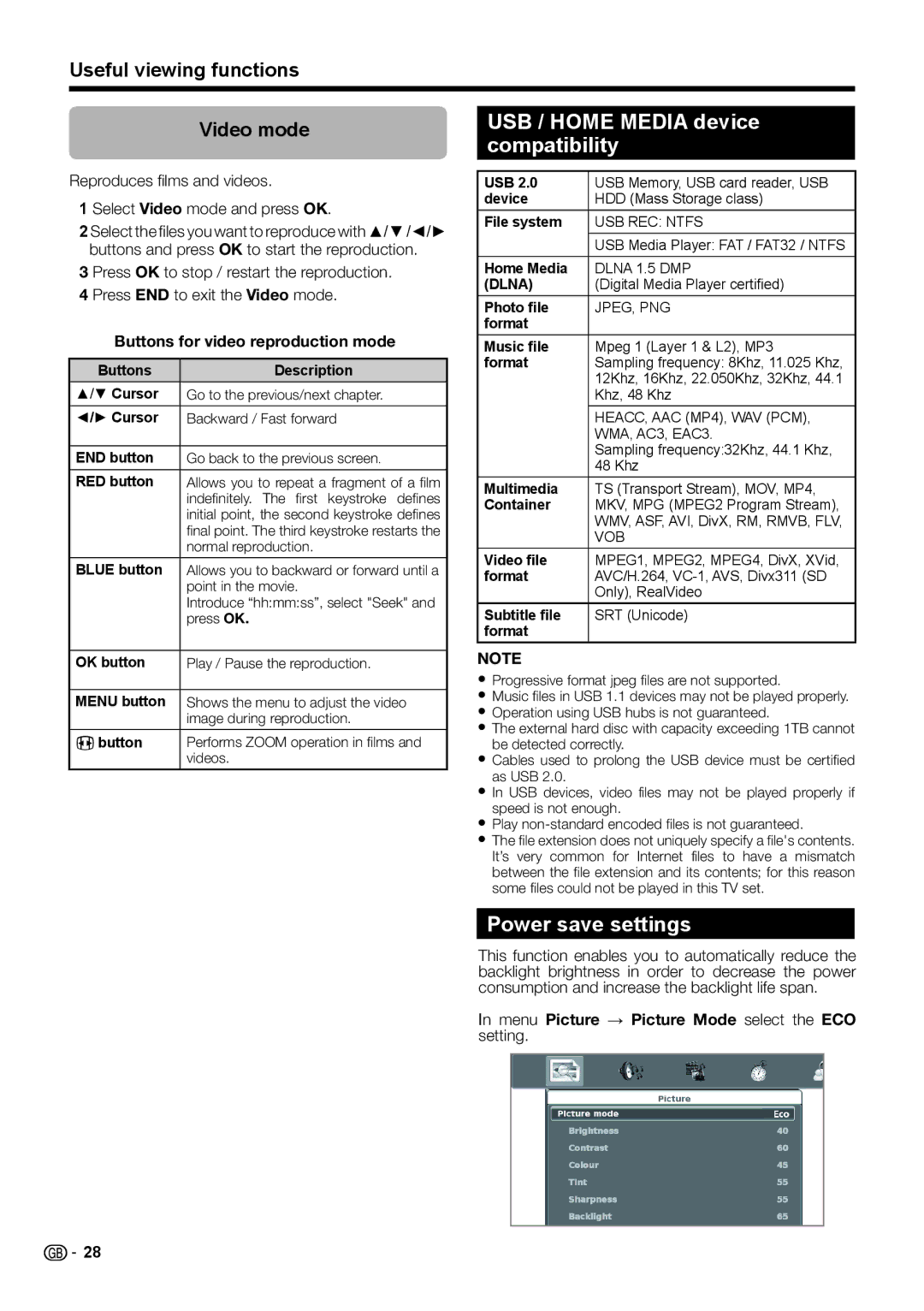 Sharp LC-40LE730E USB / Home Media device compatibility, Power save settings, Useful viewing functions Video mode 