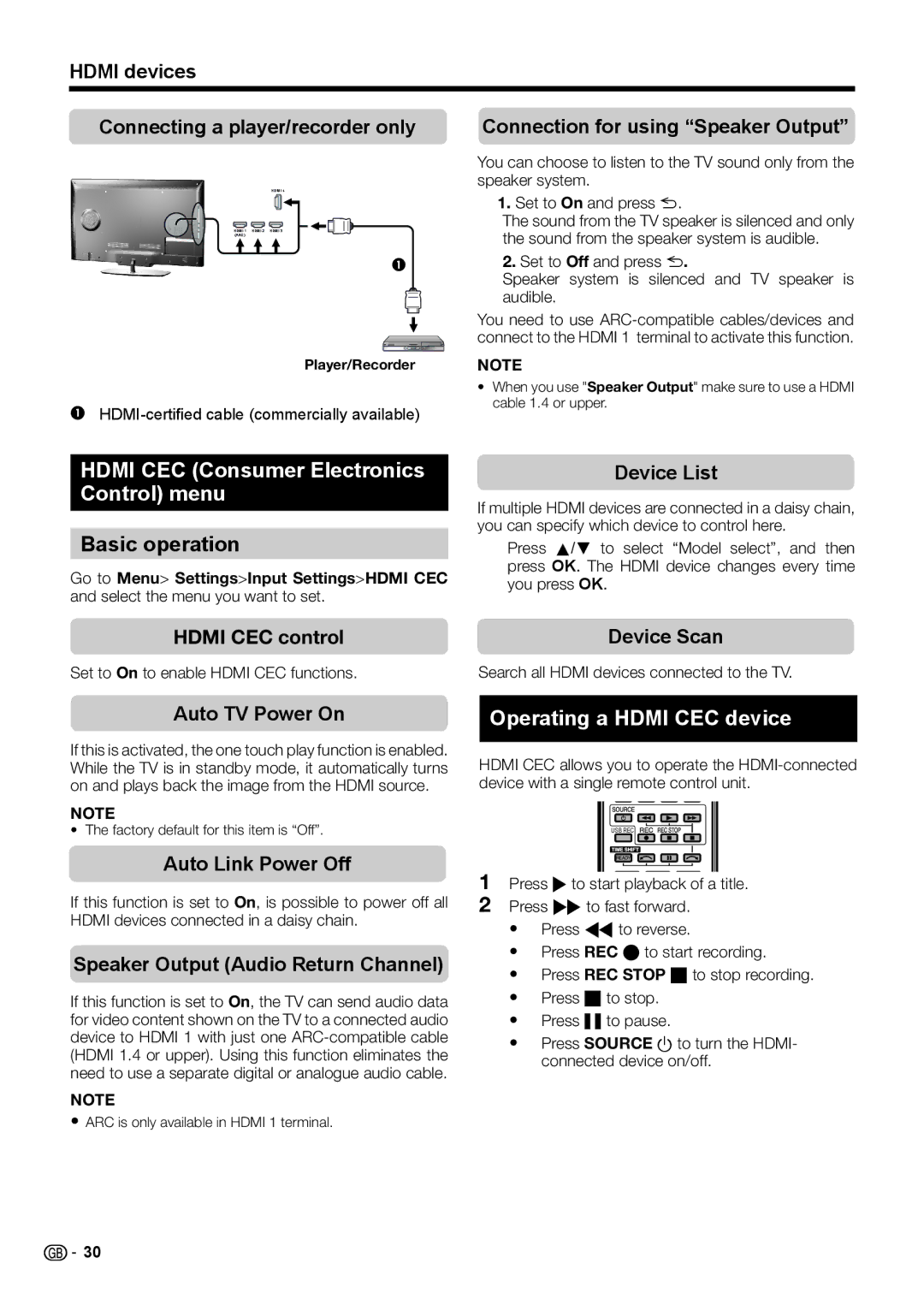 Sharp LC-46LE732E, LC-40LE732E Hdmi CEC Consumer Electronics Control menu, Basic operation, Operating a Hdmi CEC device 