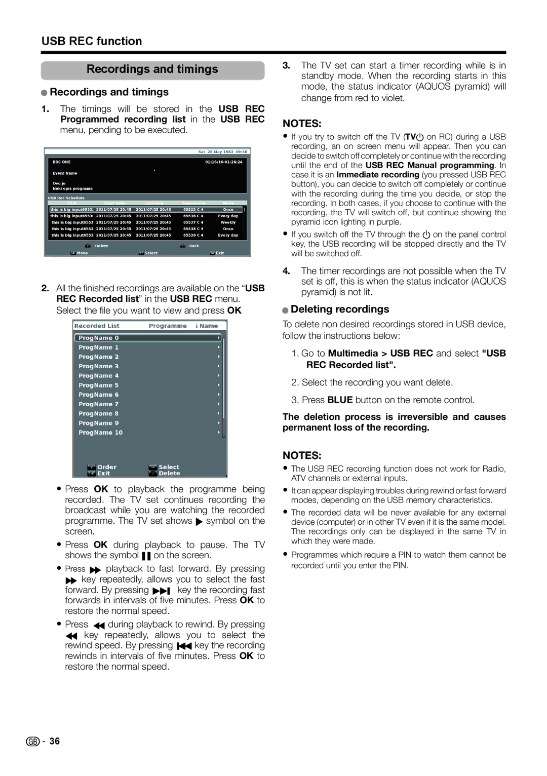 Sharp LC-40LE730E, LC-46LE732E, LC-40LE732E, LC-46LE730E USB REC function Recordings and timings, Deleting recordings 